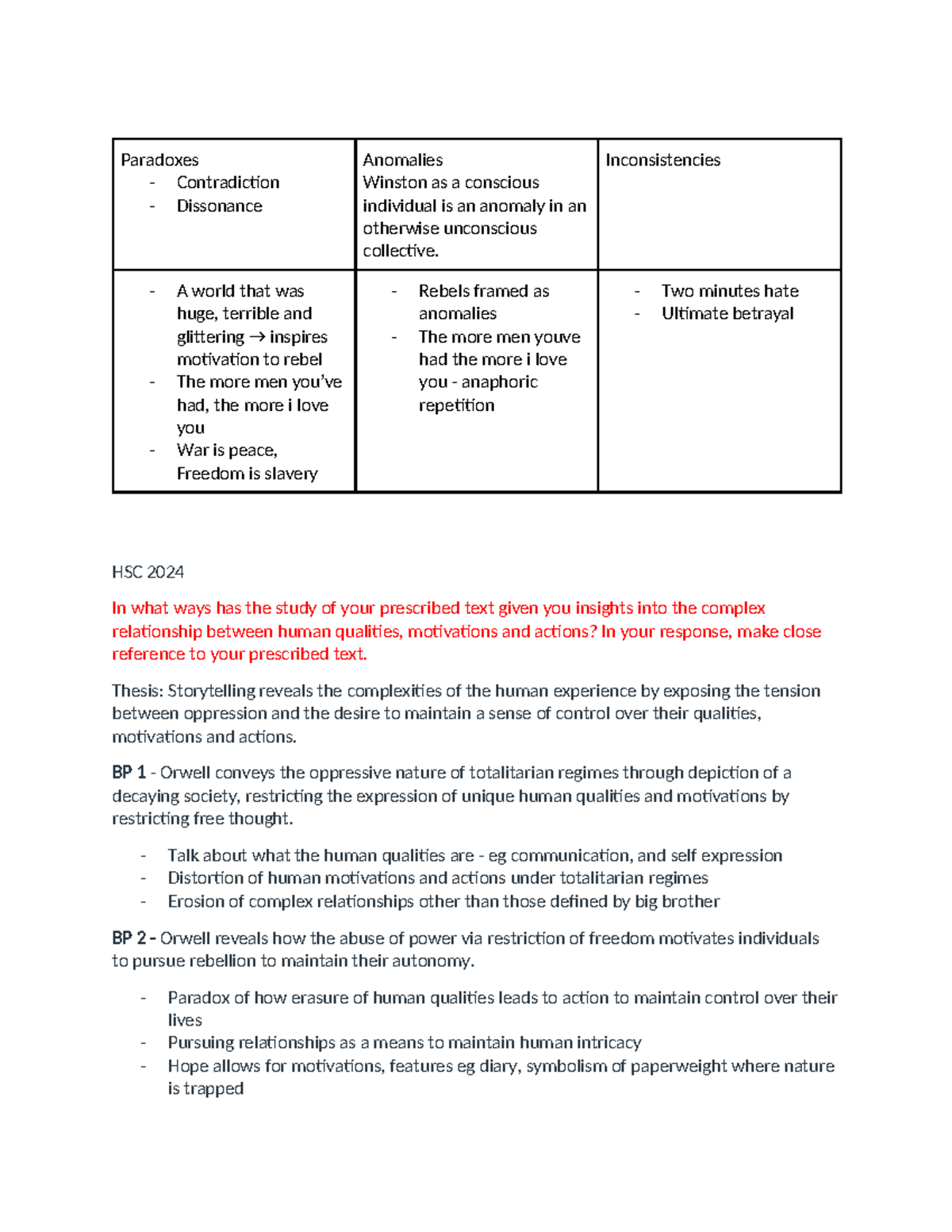 HSC 2024 Essay Plans: Exploring Human Qualities in Orwell's 1984 - Studocu