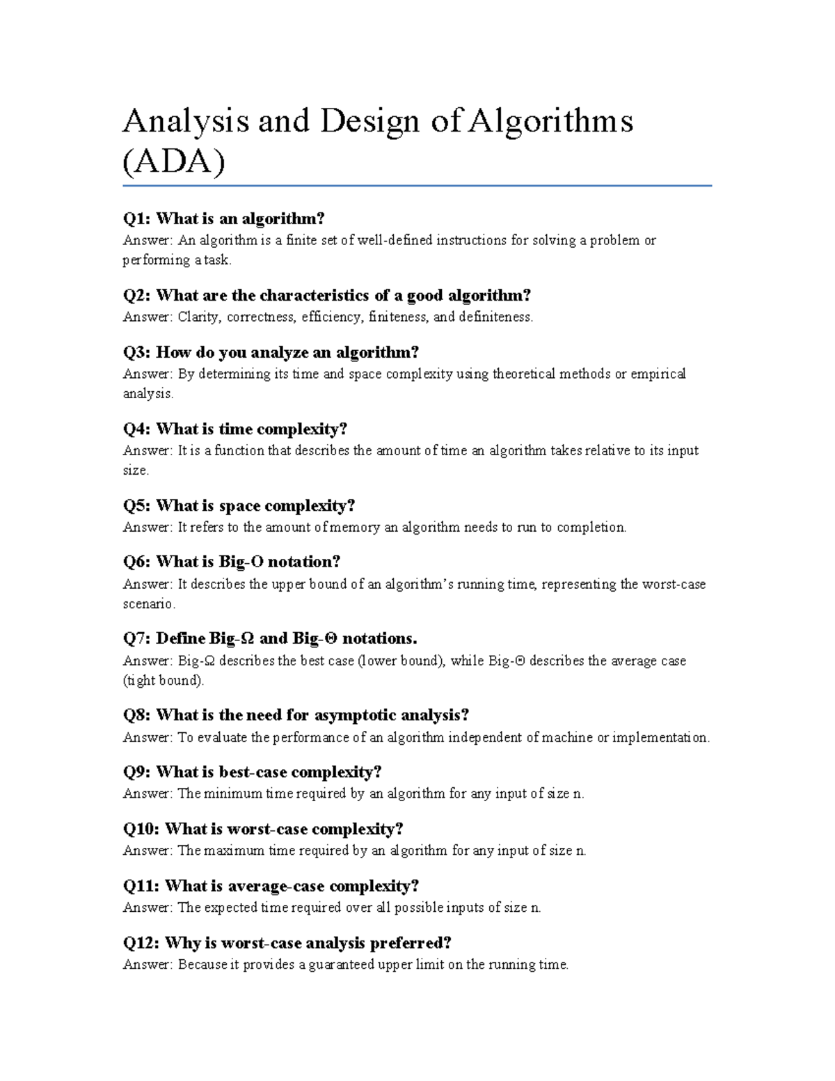 ADA Viva Questions & Answers: Algorithm Analysis & Design - Studocu