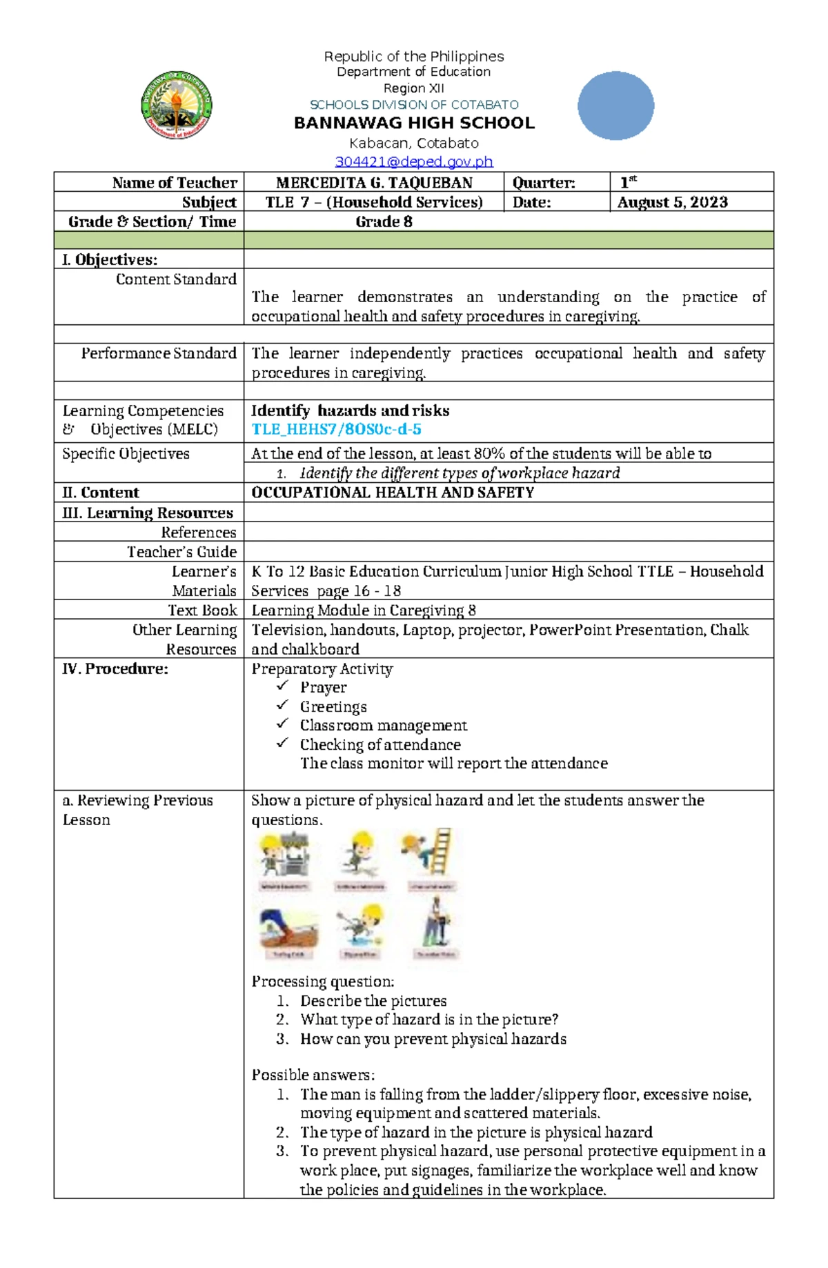 TLE_HEHS7 Lesson on Workplace Hazards and Safety - Jan 10, 2021 - Studocu