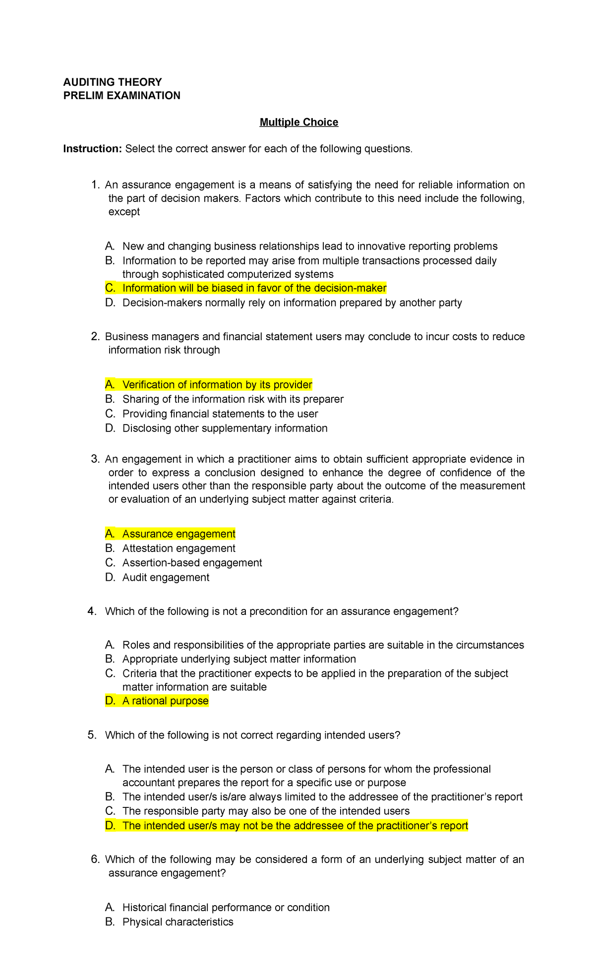 Auditing Theory PREL Exam Review for Course ACCT 301 - Studocu