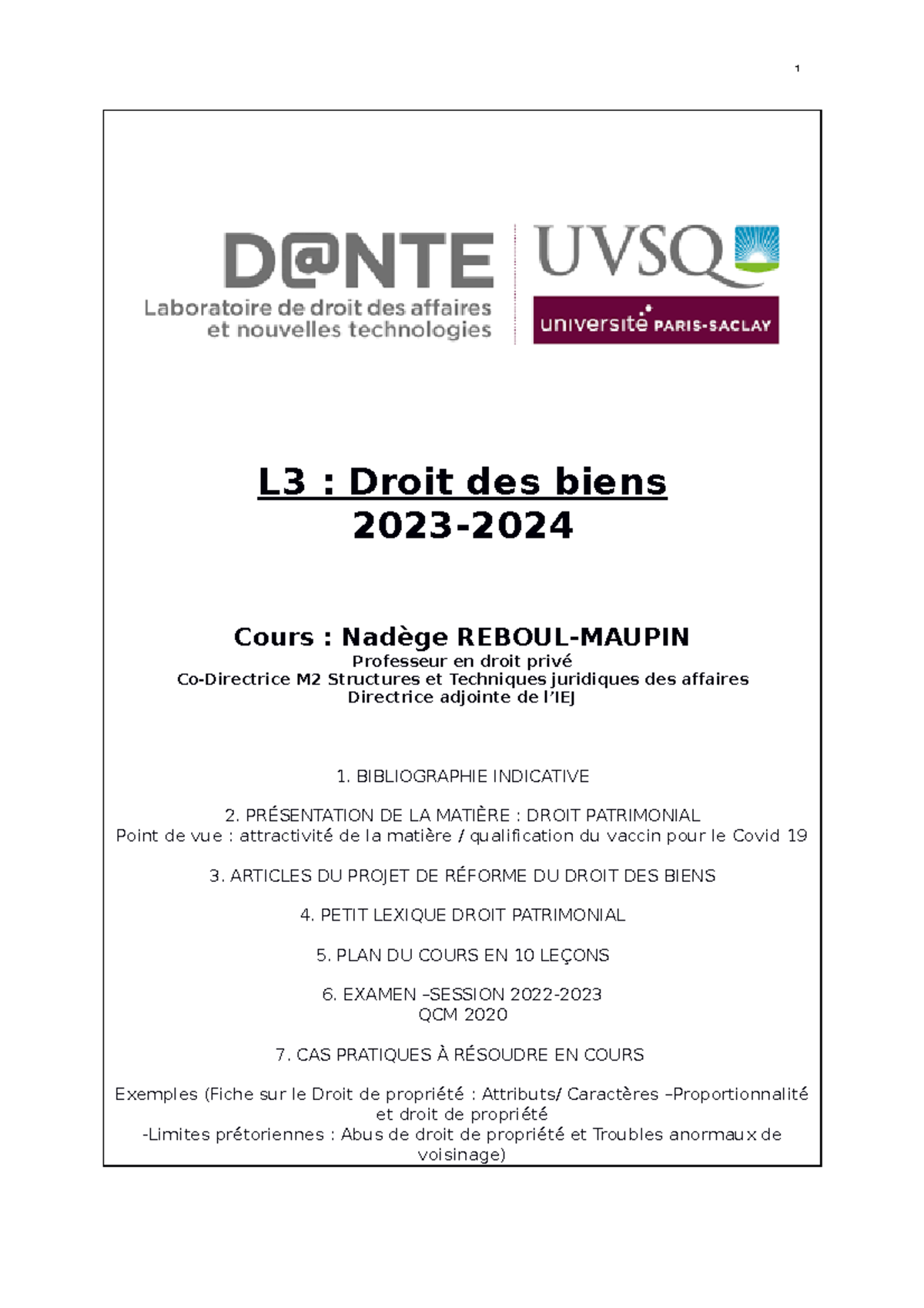 L3Biens Cours de Droit des Biens 2023-2024 avec Bibliographie et Examen ...