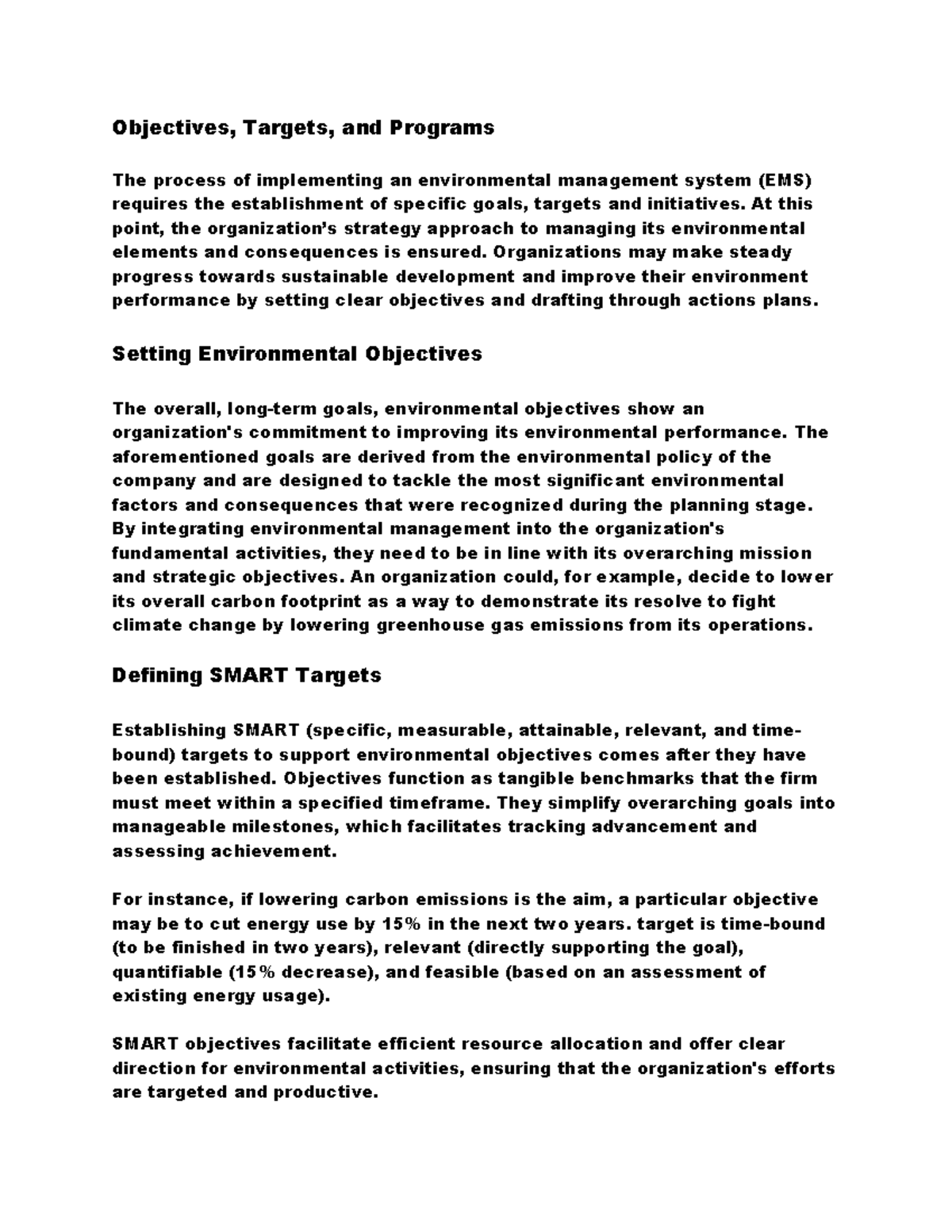 EMS Objectives, Targets, Programs, and Implementation Strategies - Studocu