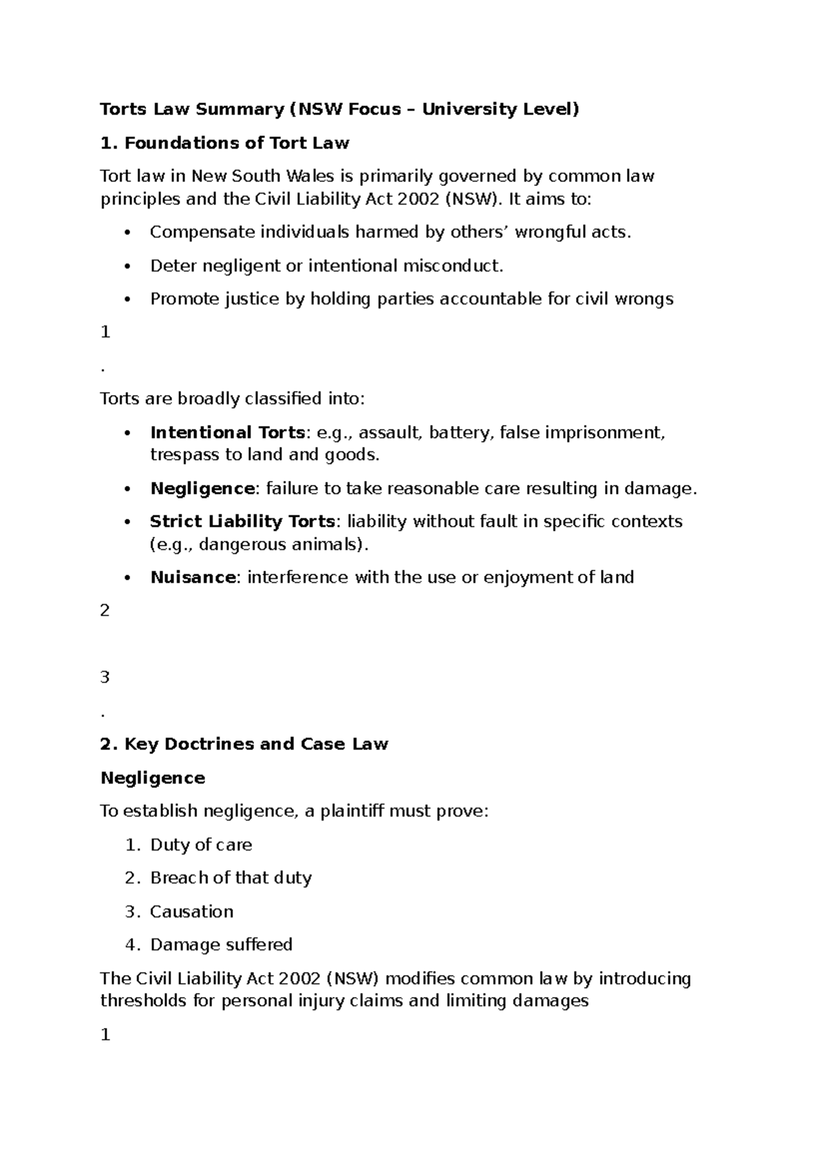 Torts Law Summary: Key Principles & Case Law (NSW Focus) - Studocu