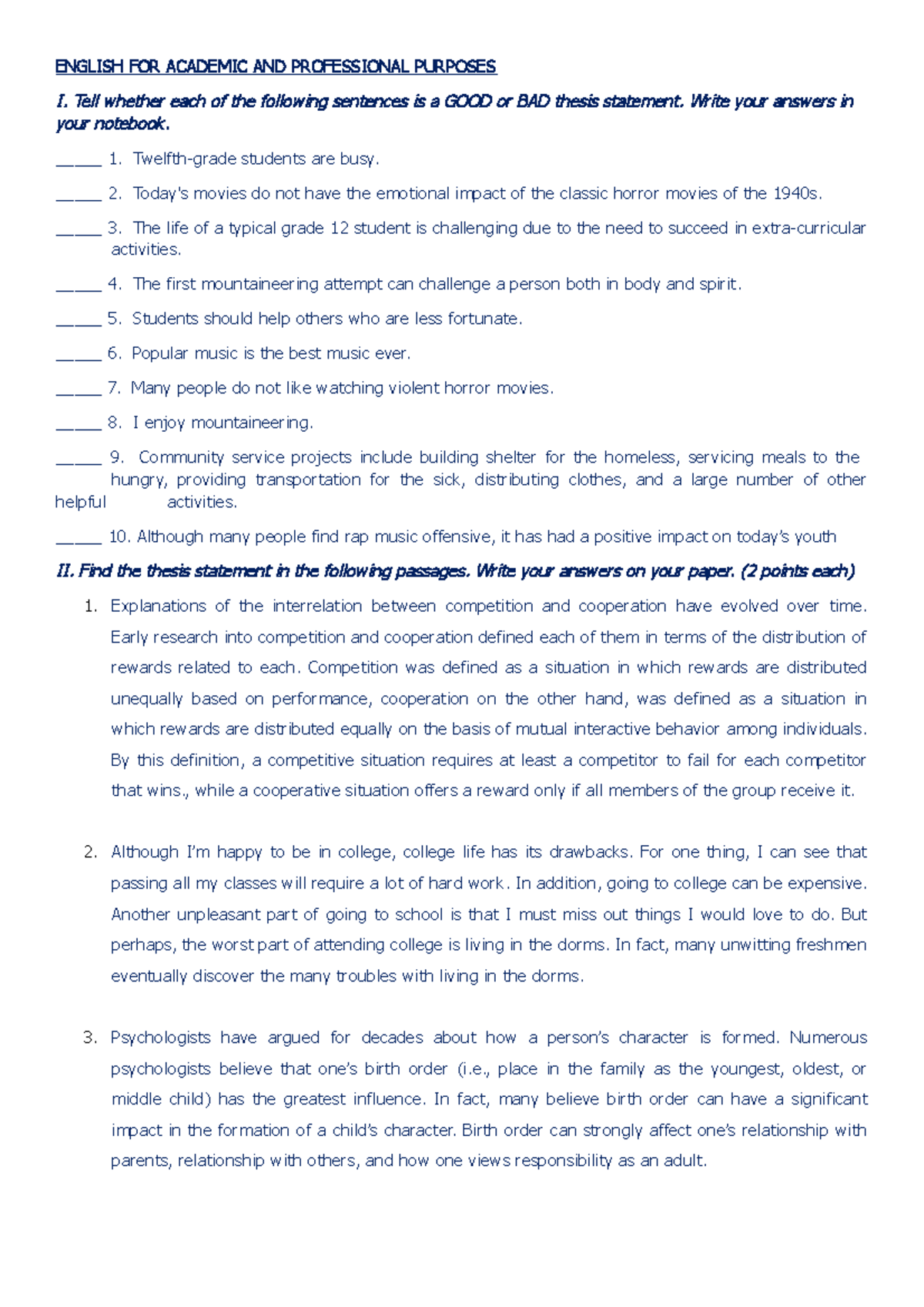 EAPP Thesis Statement Evaluation & Creation Activity - Studocu