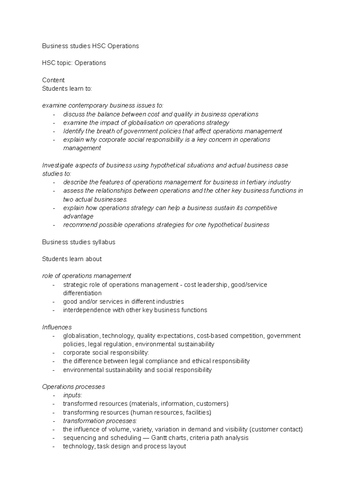 Operations Business notes revision - Business studies HSC Operations ...