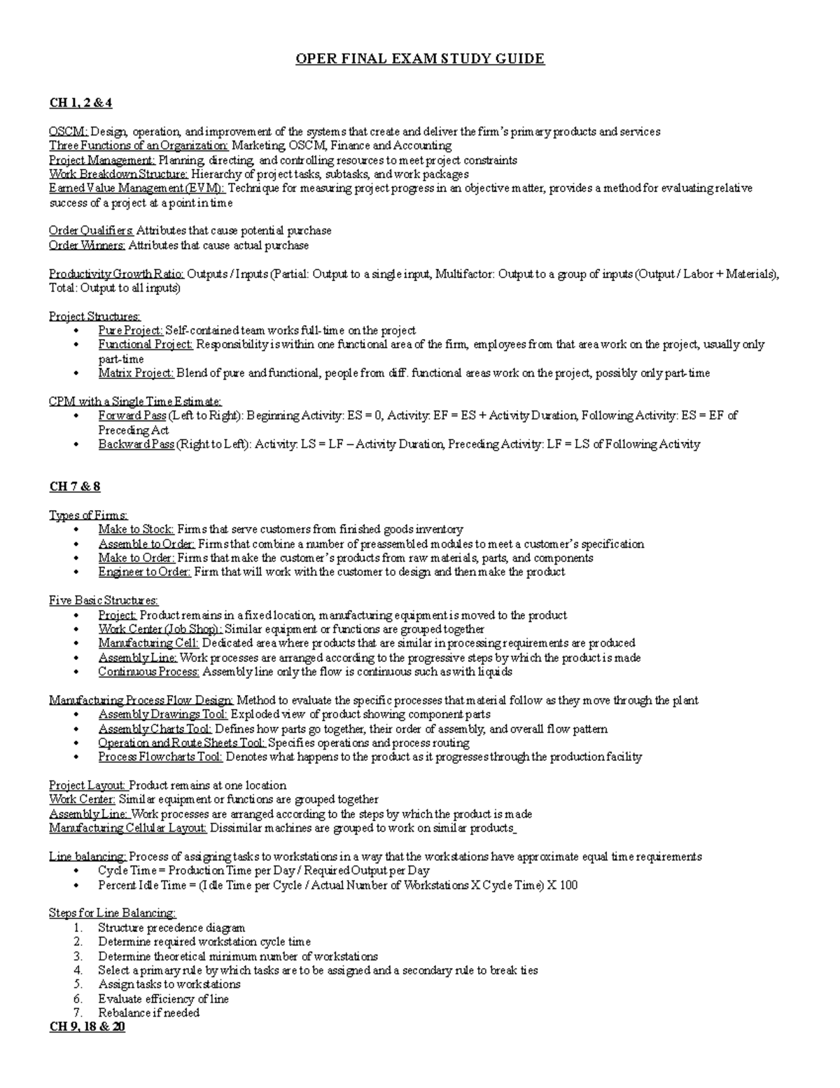 OPER Final Exam Study Guide: Chapters 1, 2, 4, 7, 8, 9, 18, 20, 21, 12 ...