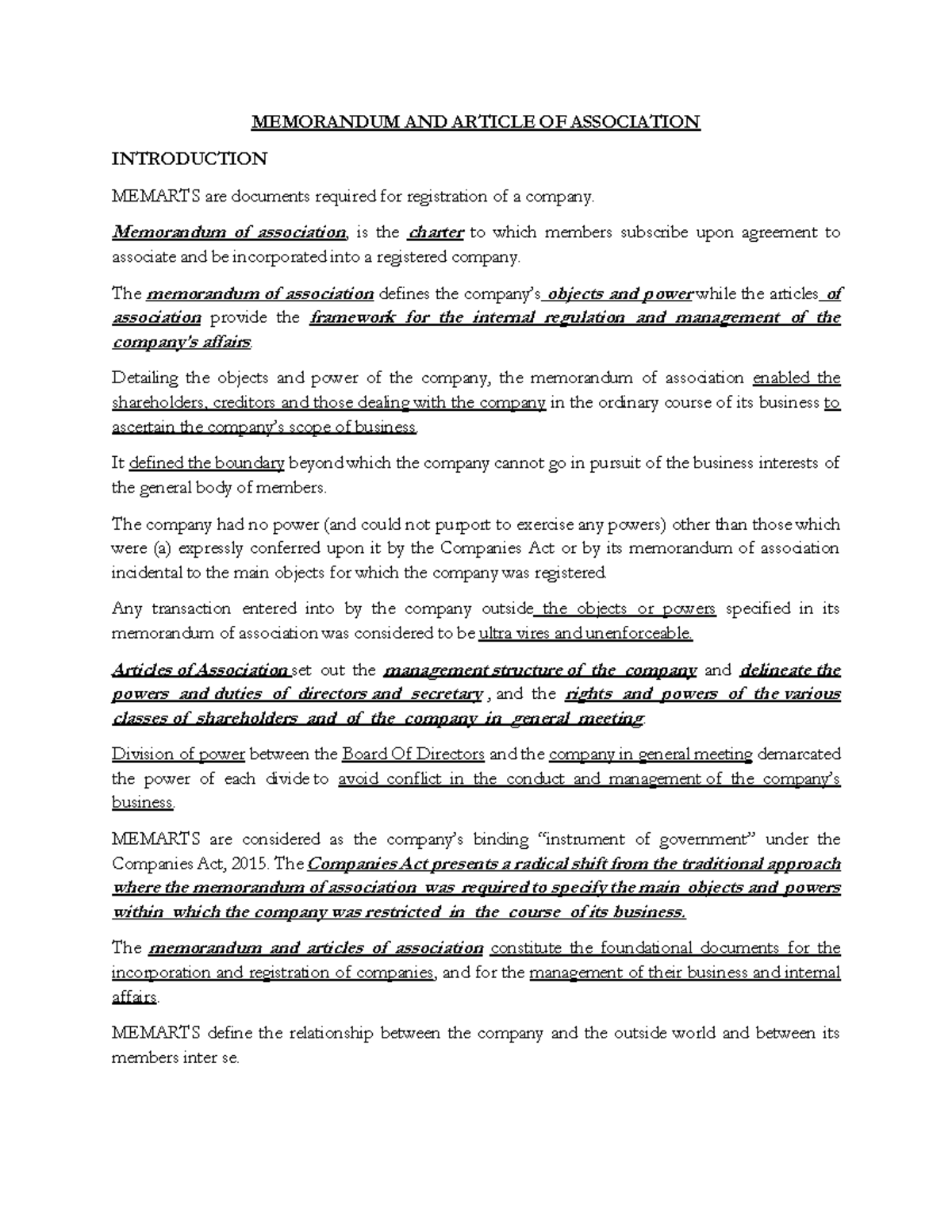Company Law 3: Understanding Memorandum & Articles of Association - Studocu