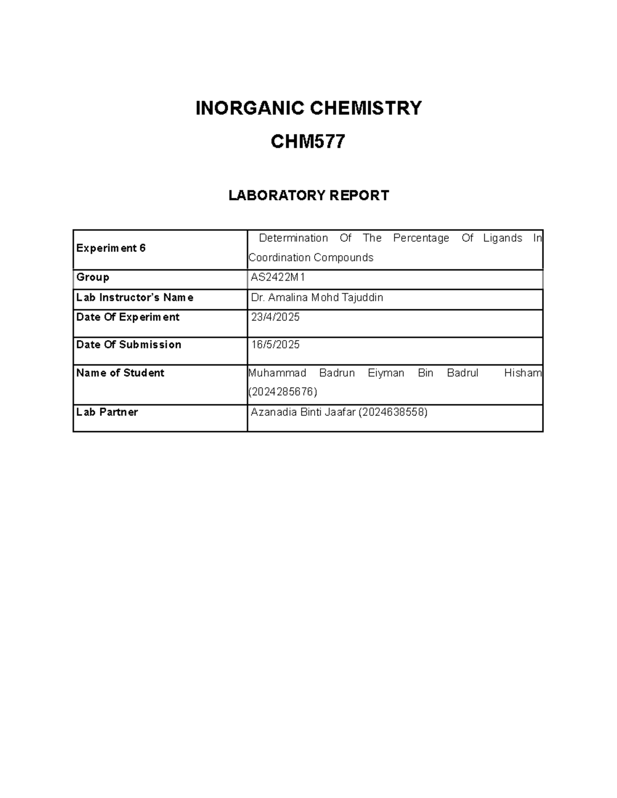 CHM577 Inorganic Chemistry Lab Report: Exp 6 - Coordination Compounds ...