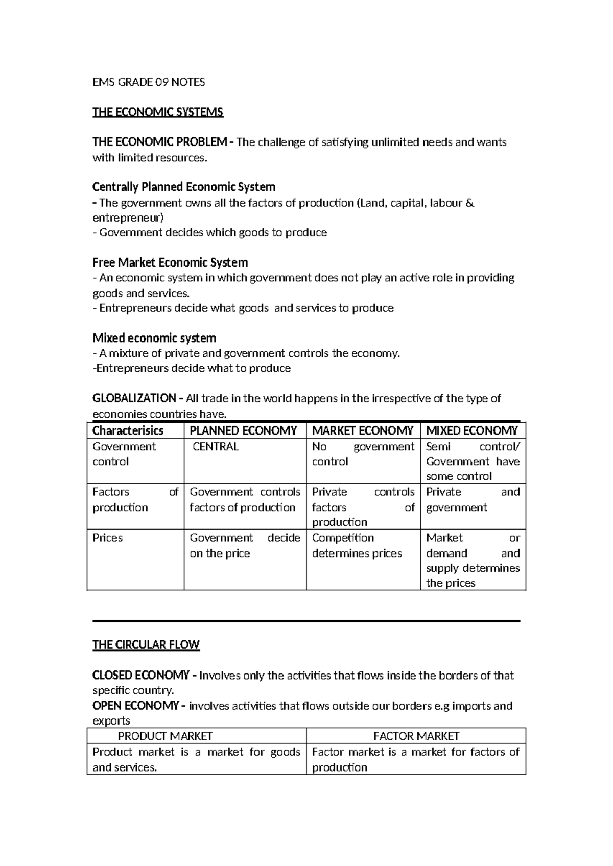 EMS Grade 09 notes on economic systems and globalization - Studocu