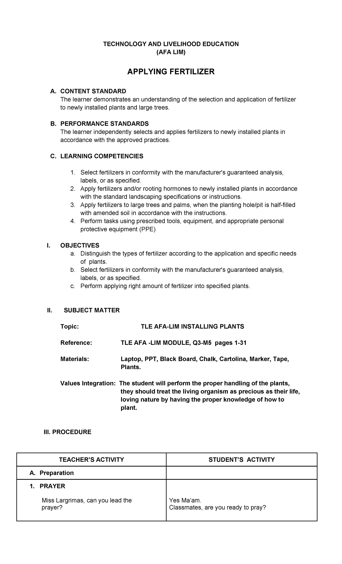 TLE AFA Lesson Plan: Applying Fertilizer to Plants - Studocu