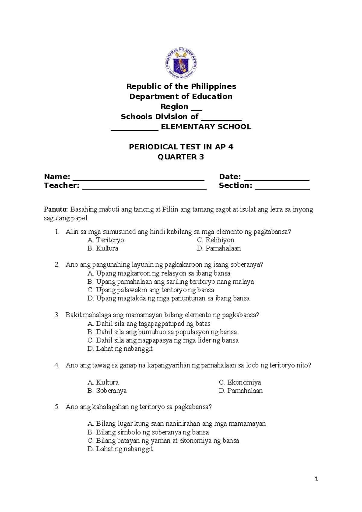PT G4 Araling Panlipunan 4 Periodical Test Q3: Matatag - Studocu