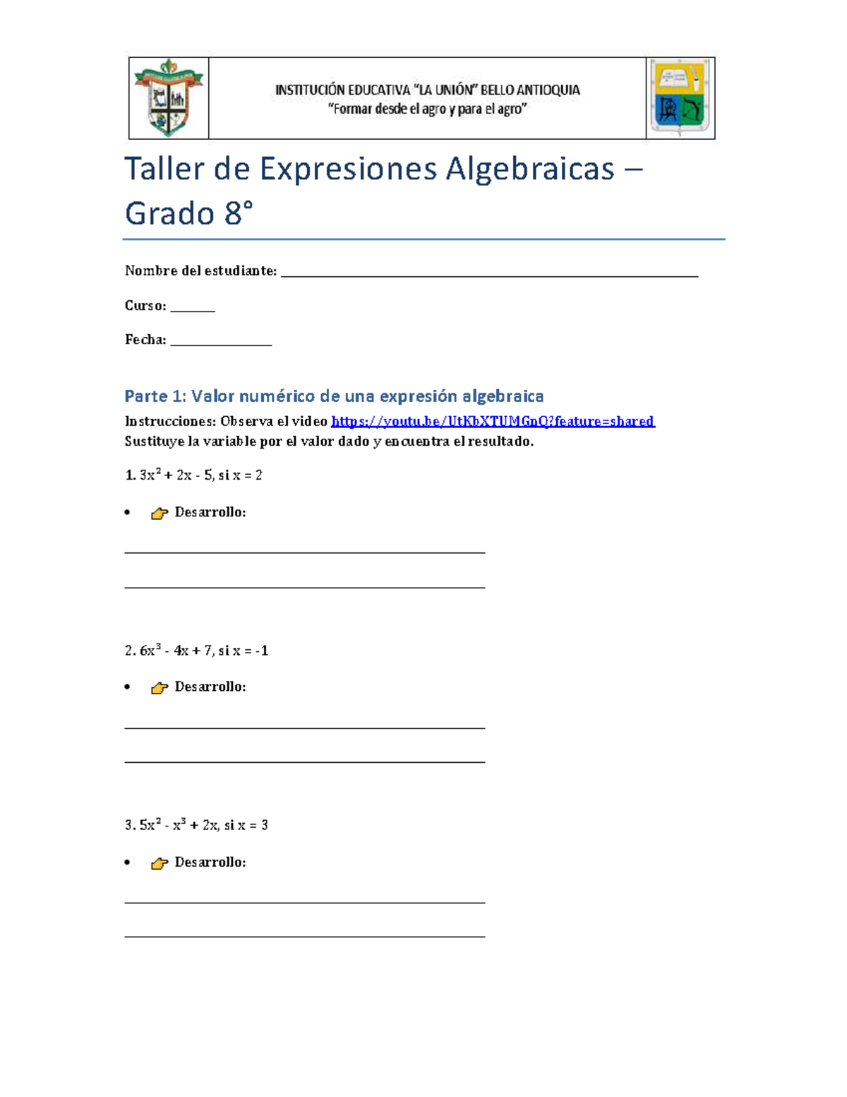 Taller de Expresiones Algebraicas - Grado 8 - Ejercicios y Soluciones ...