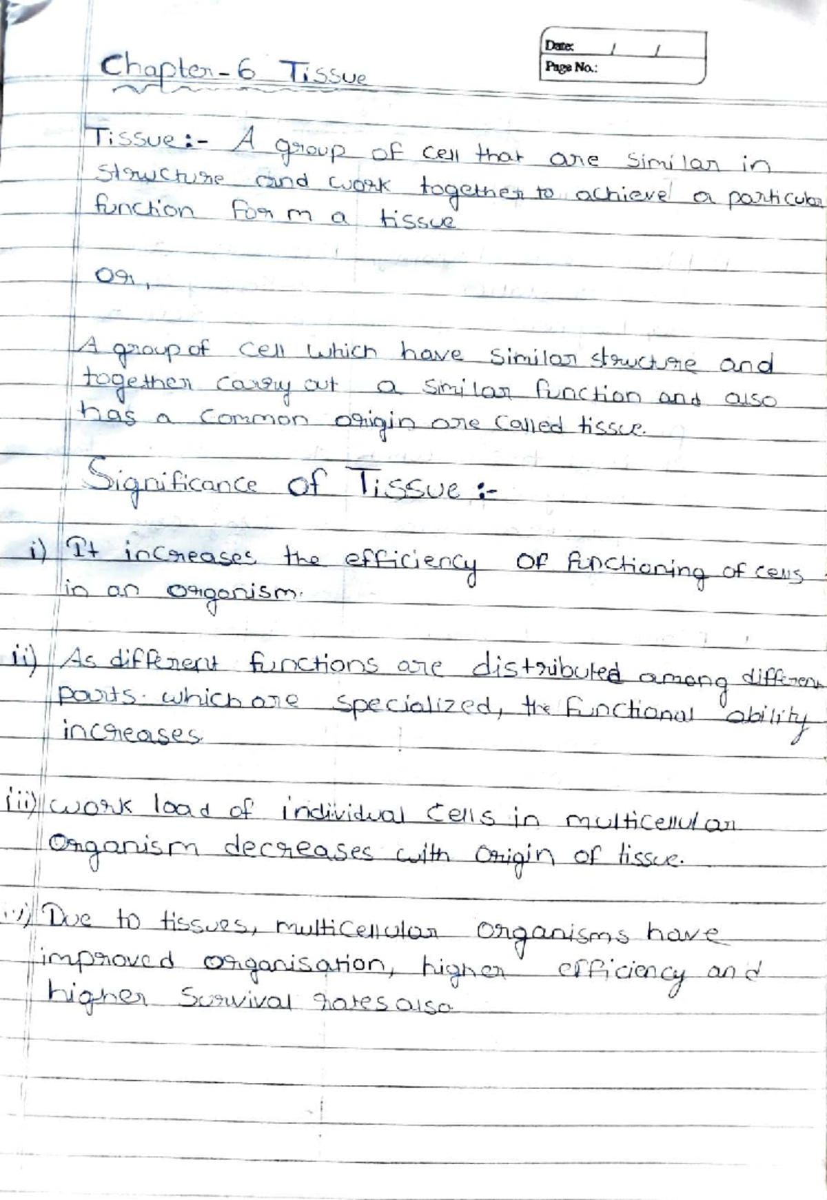 Class 9 Biology Chapter 6: Detailed Notes on Tissues - Studocu