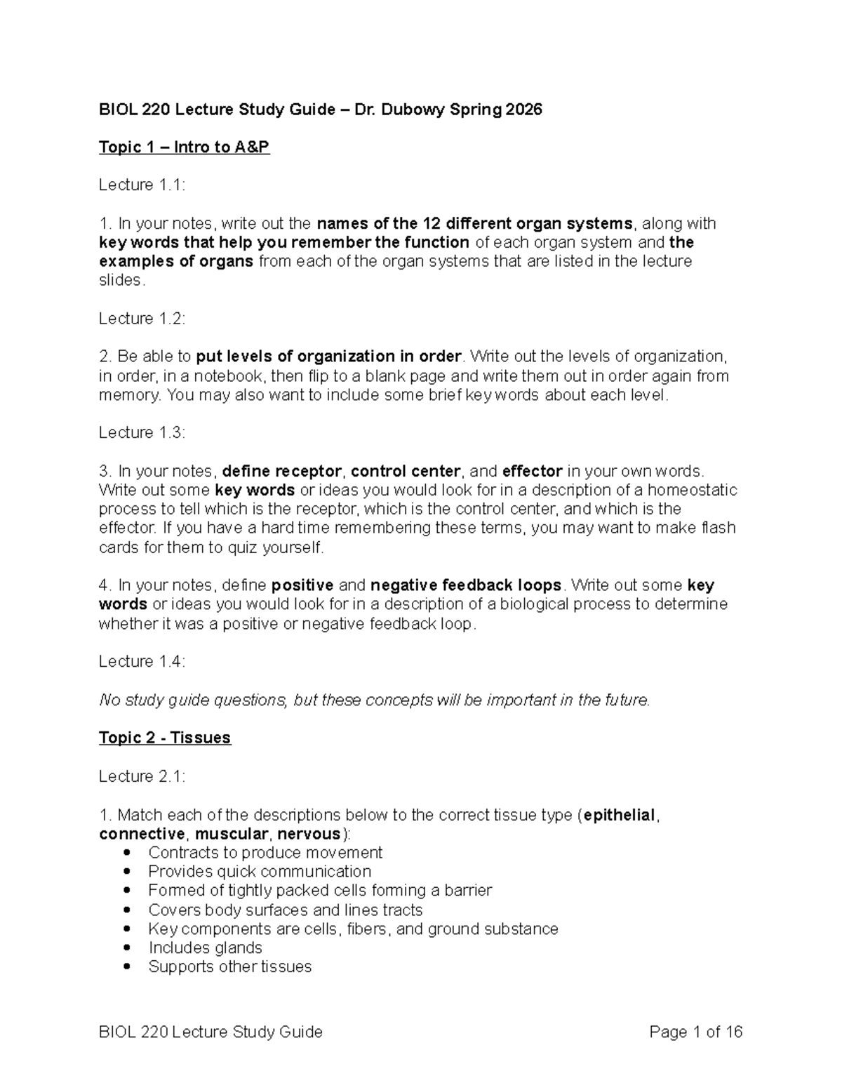 BIOL 220 Lecture Study Guide: Organ Systems, Tissues, and Nervous ...