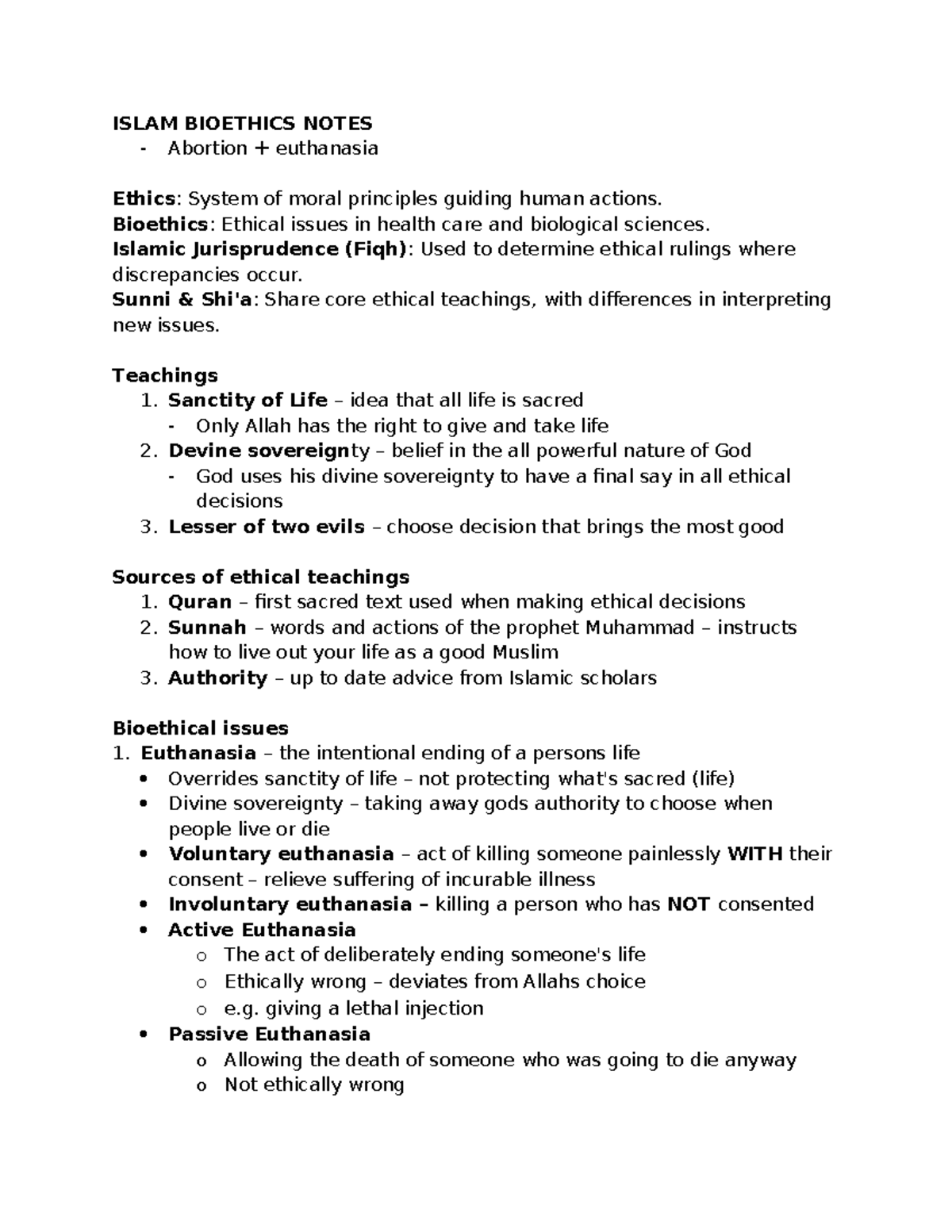 Islamic Bioethics Notes SOR2: Abortion, Euthanasia, and Ethical ...