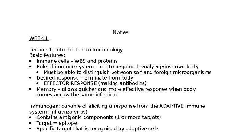 WBS 101: Week 1 & 2 Lecture Notes on Immunology Fundamentals - Studocu
