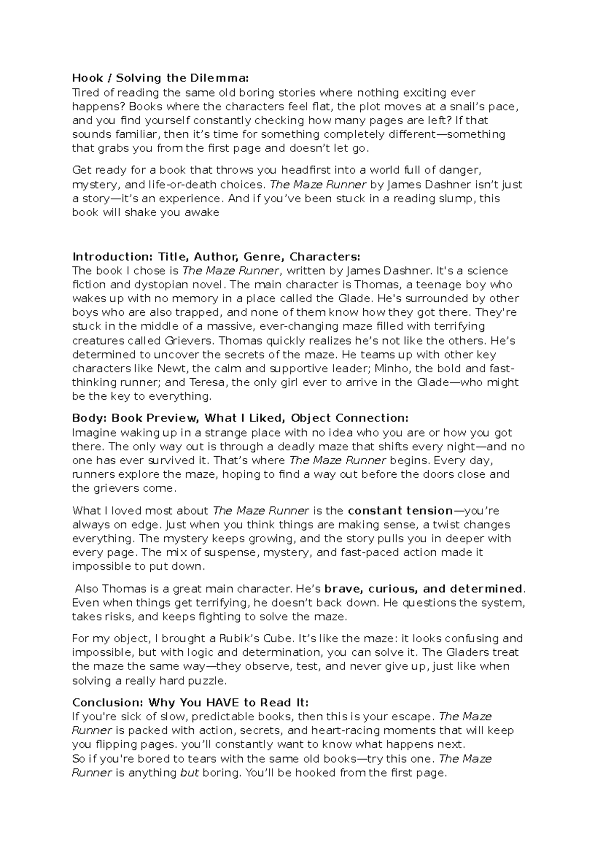Book Pitch Script: The Maze Runner (Sci-Fi/Dystopian) - Studeersnel