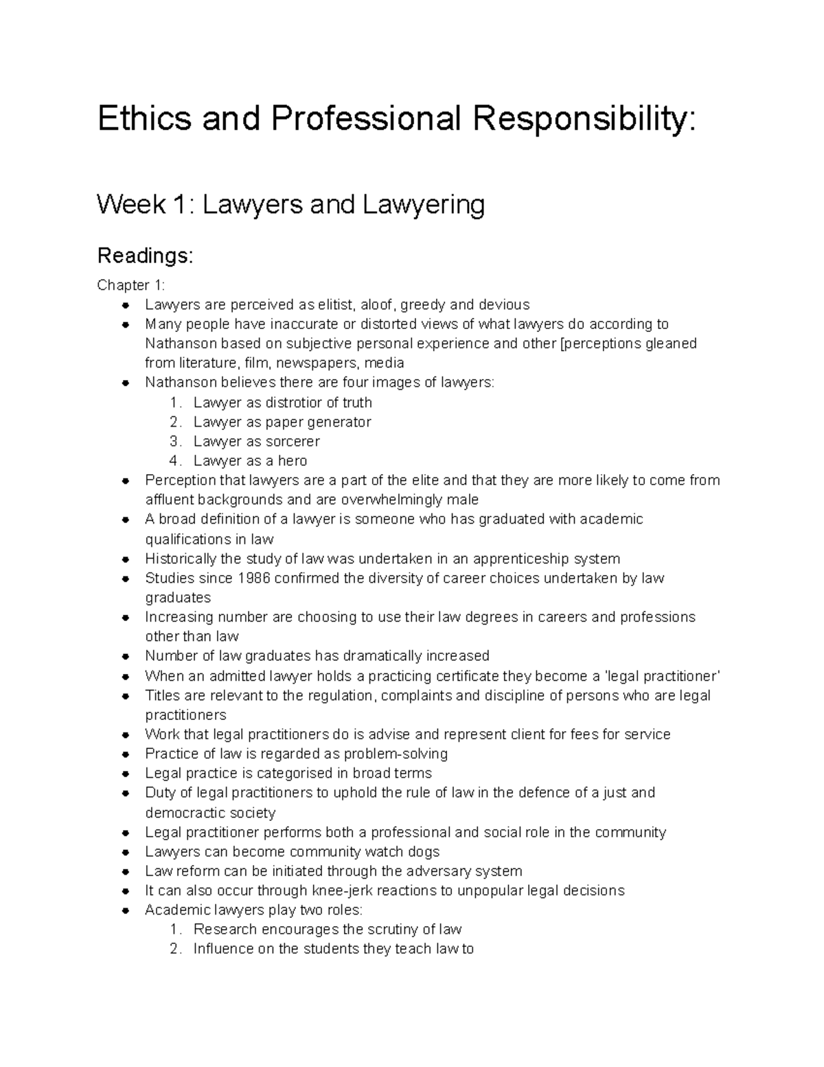Ethics and Professional Responsibility: Week 1-3 Overview (LAW101 ...