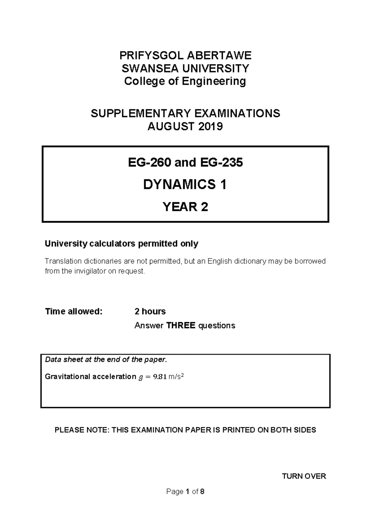 Dynamics Example Sheet 2 - Part 1 (EOM Derivations & Responses) - Studocu