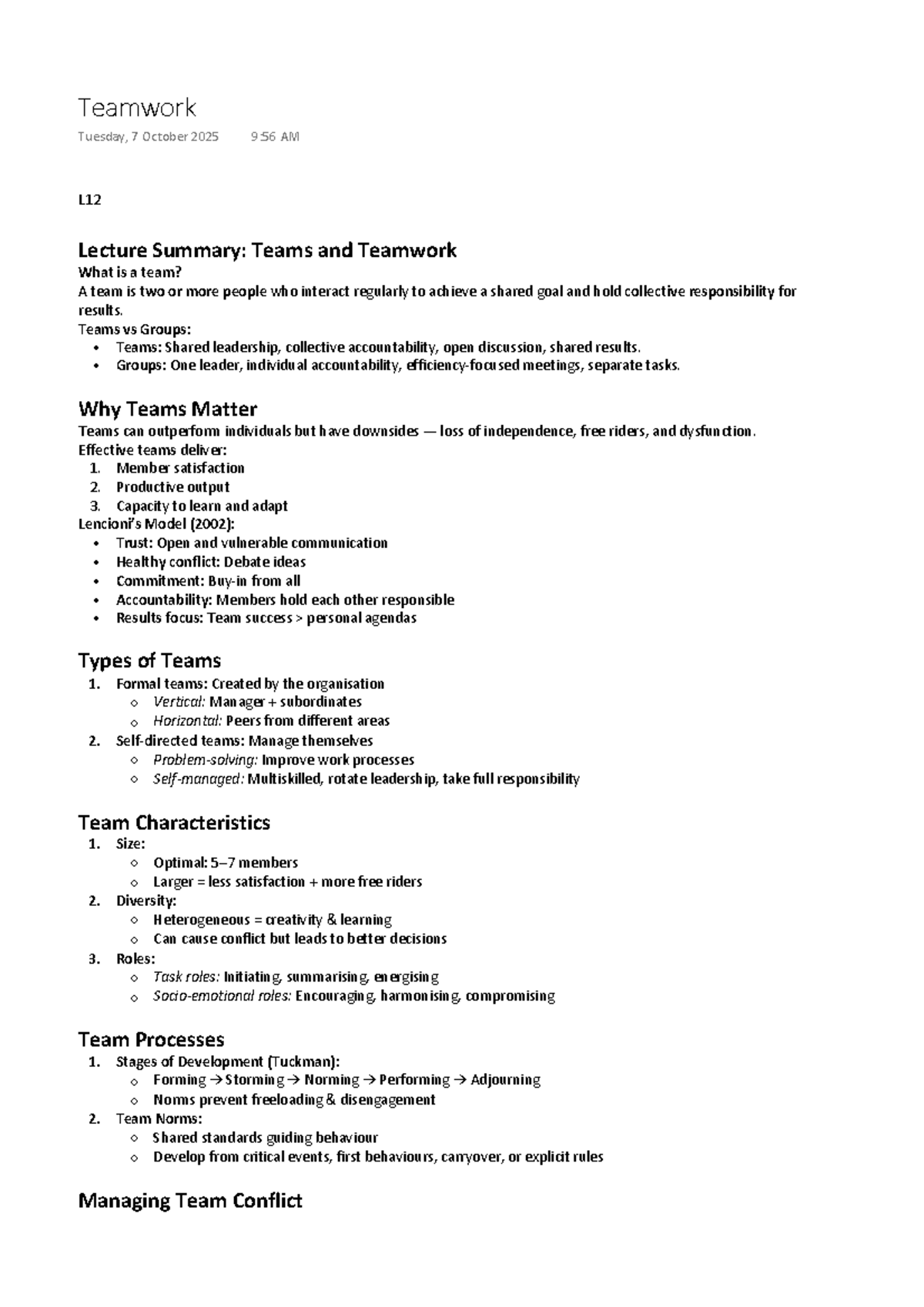 L12 Lecture Summary: Understanding Teams and Teamwork Dynamics - Studocu