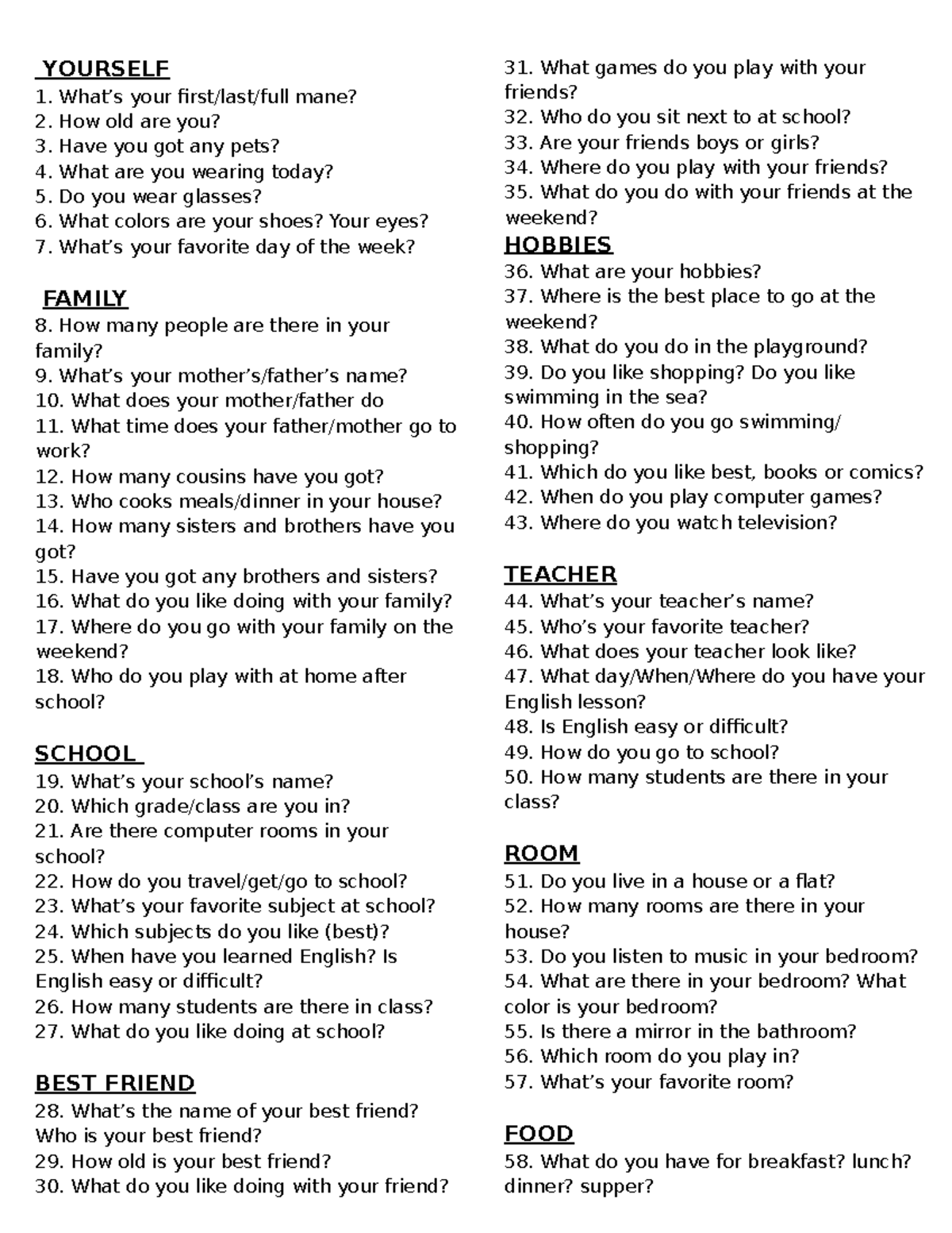 Starter Questions for English Language Learners (ELL) - Studocu