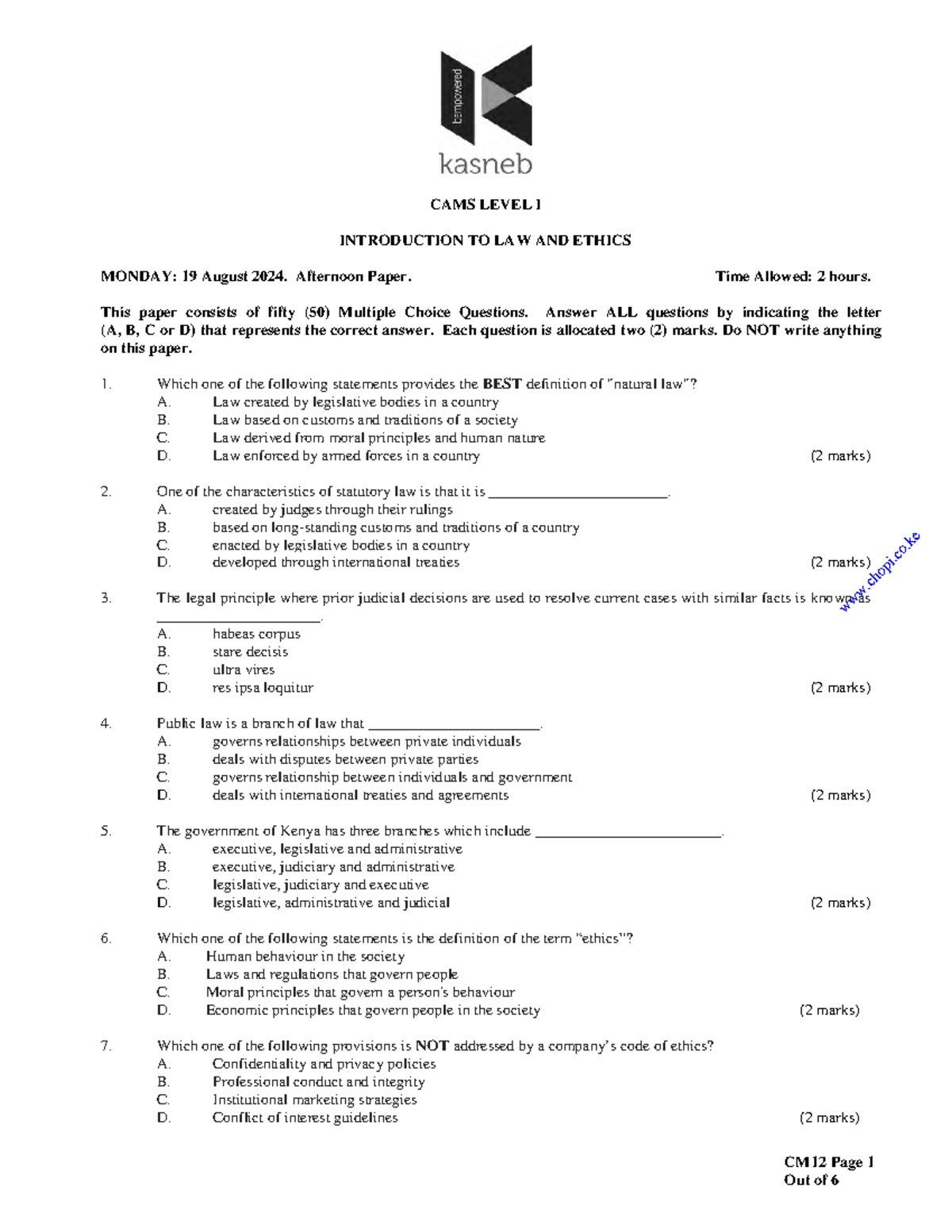 Introduction to Law and Ethics Past Papers 1 - CM12 Page 1 CAMS LEVEL I ...