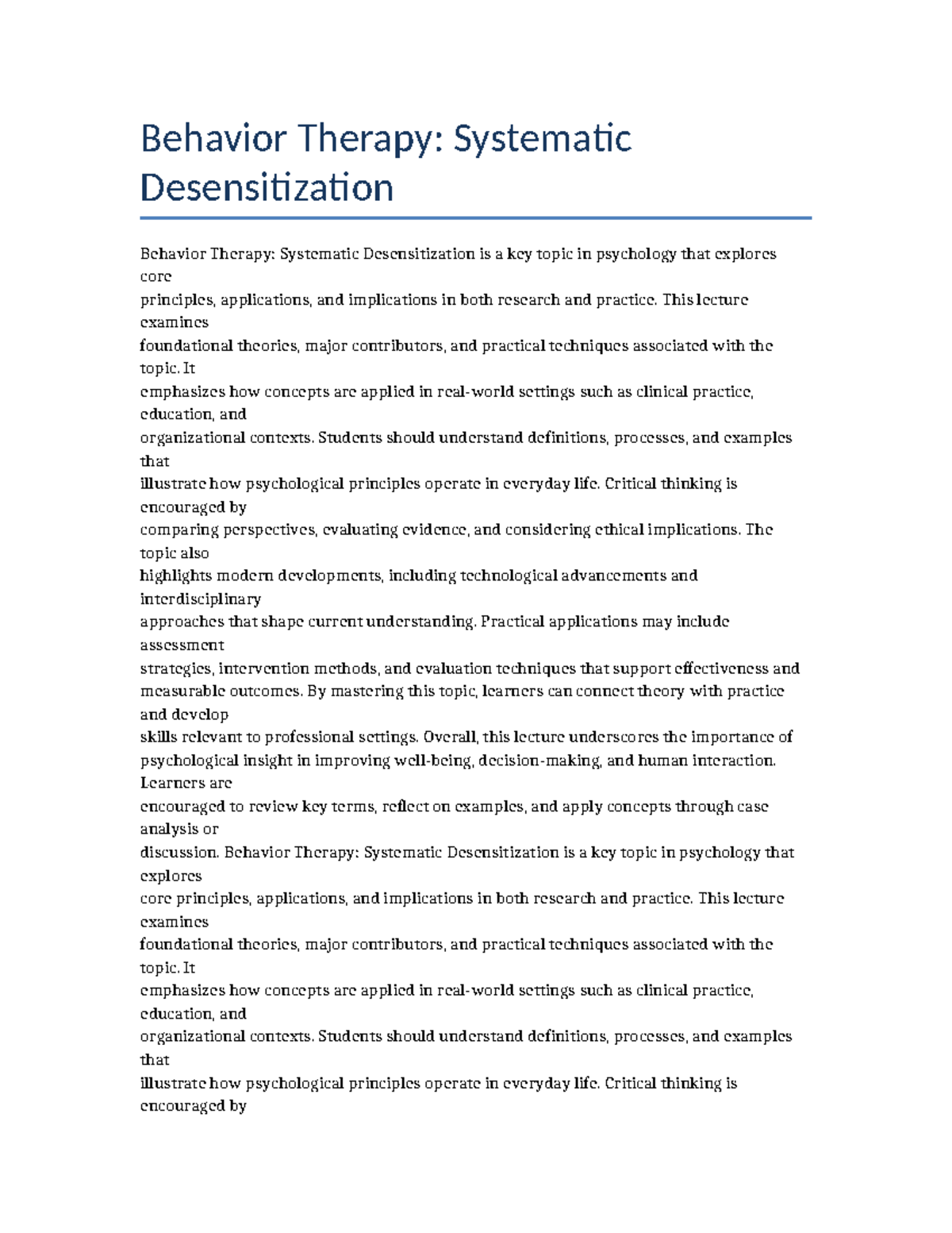 Behavior Therapy: Systematic Desensitization Lecture Notes - Studocu
