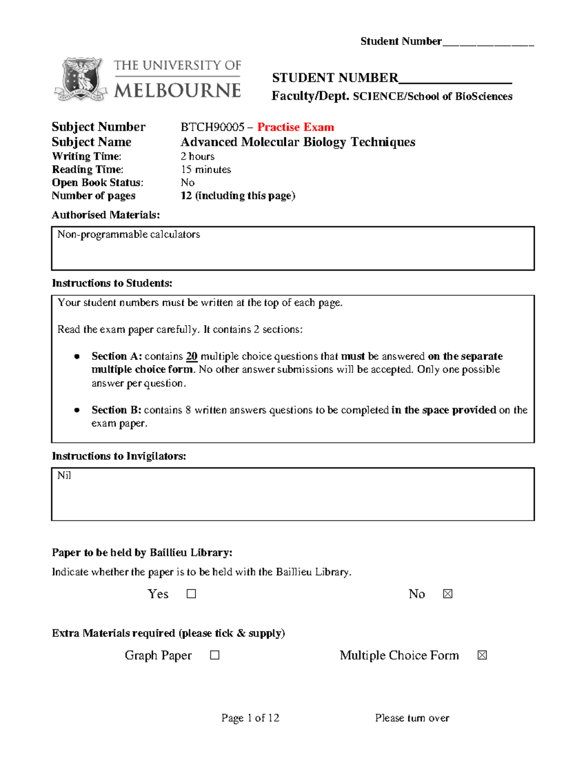 BTCH90005 - Advanced Molecular Biology Techniques Practice Exam 2019 ...