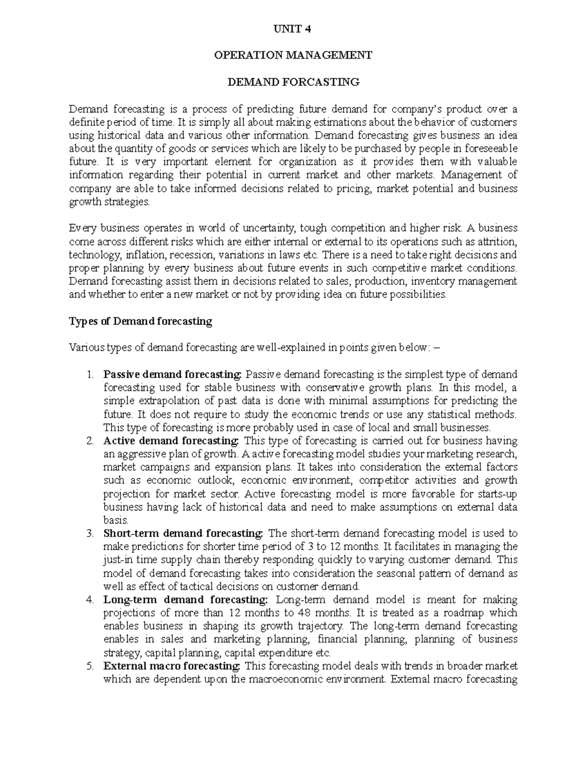 Demand Forecasting in Operation Management - UNIT 4 Overview - Studocu