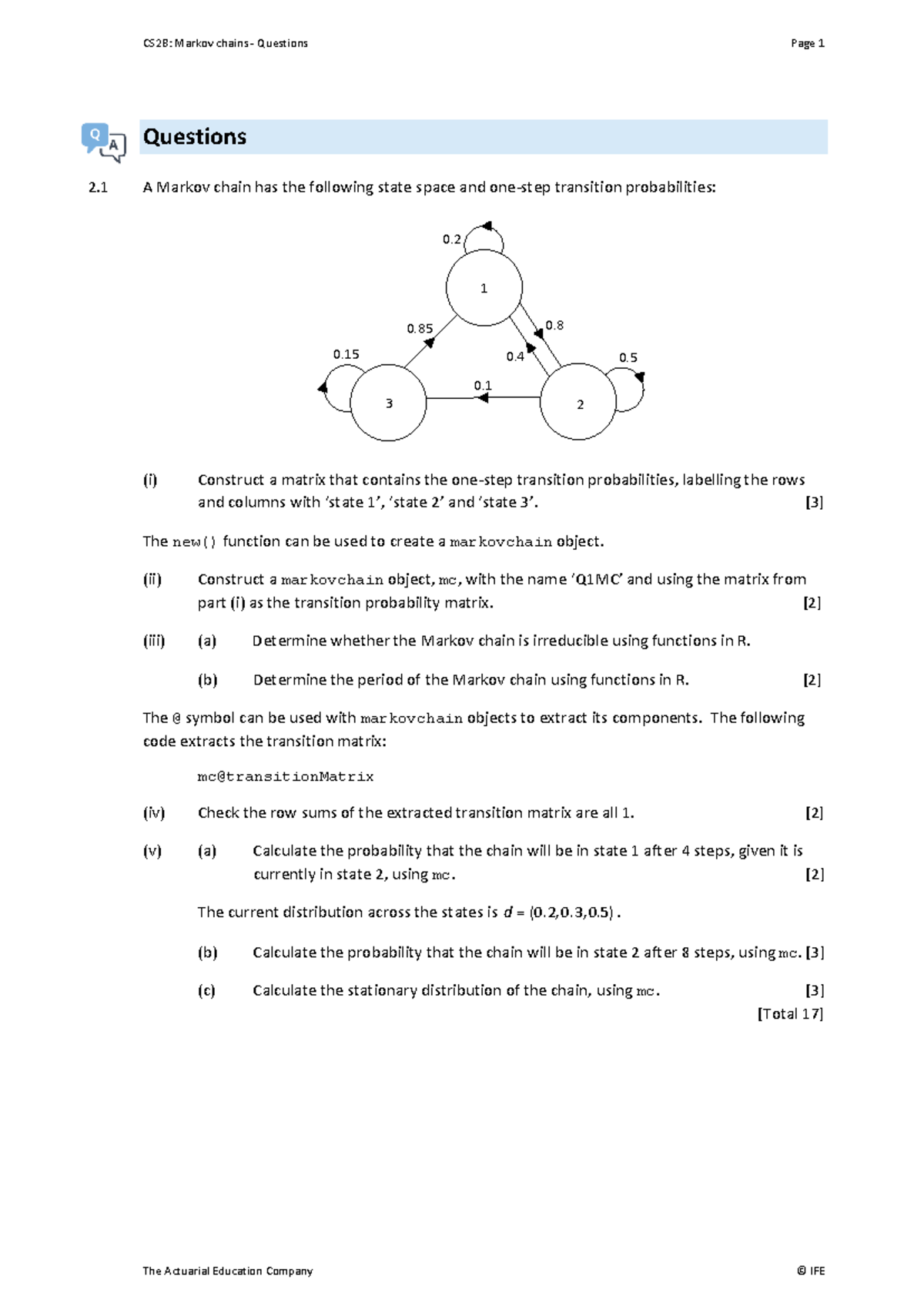 CS2B: Markov Chains - Chapter 2 Questions and Exercises - Studocu
