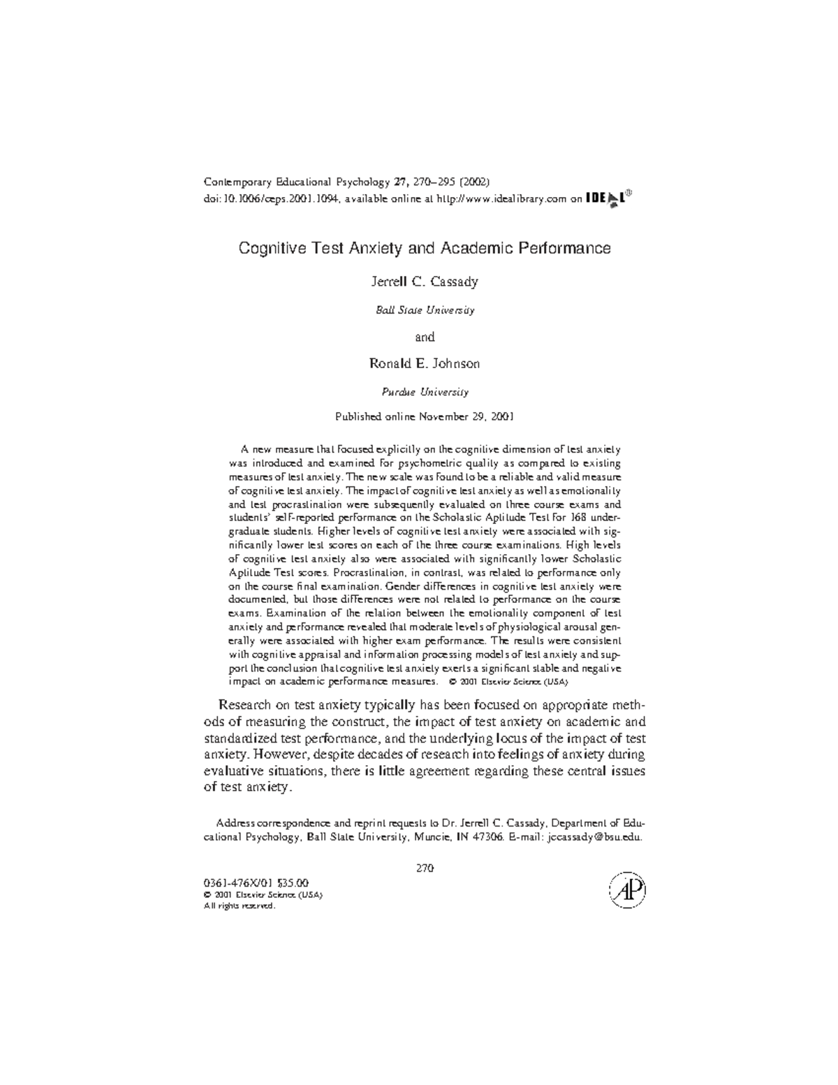 Cognitive Test Anxiety and Academic Performance: Insights from ...