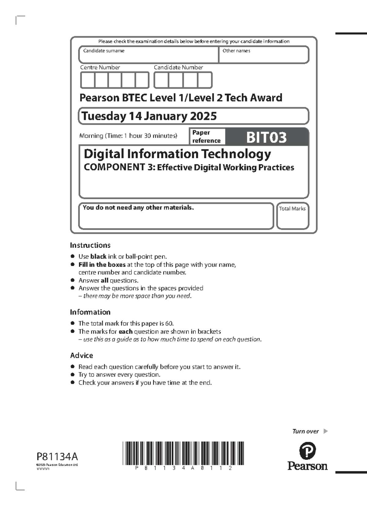 QP-Jan 25: Pearson BTEC Level 2 Tech Award BIT03 Exam Details - Studocu