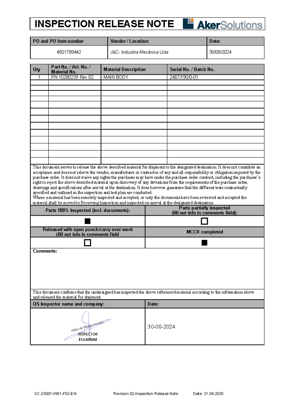 IRN - 4501789442 - IRN - INSPECTION RELEASE NOTE SC-25001-W01-F02-EN ...