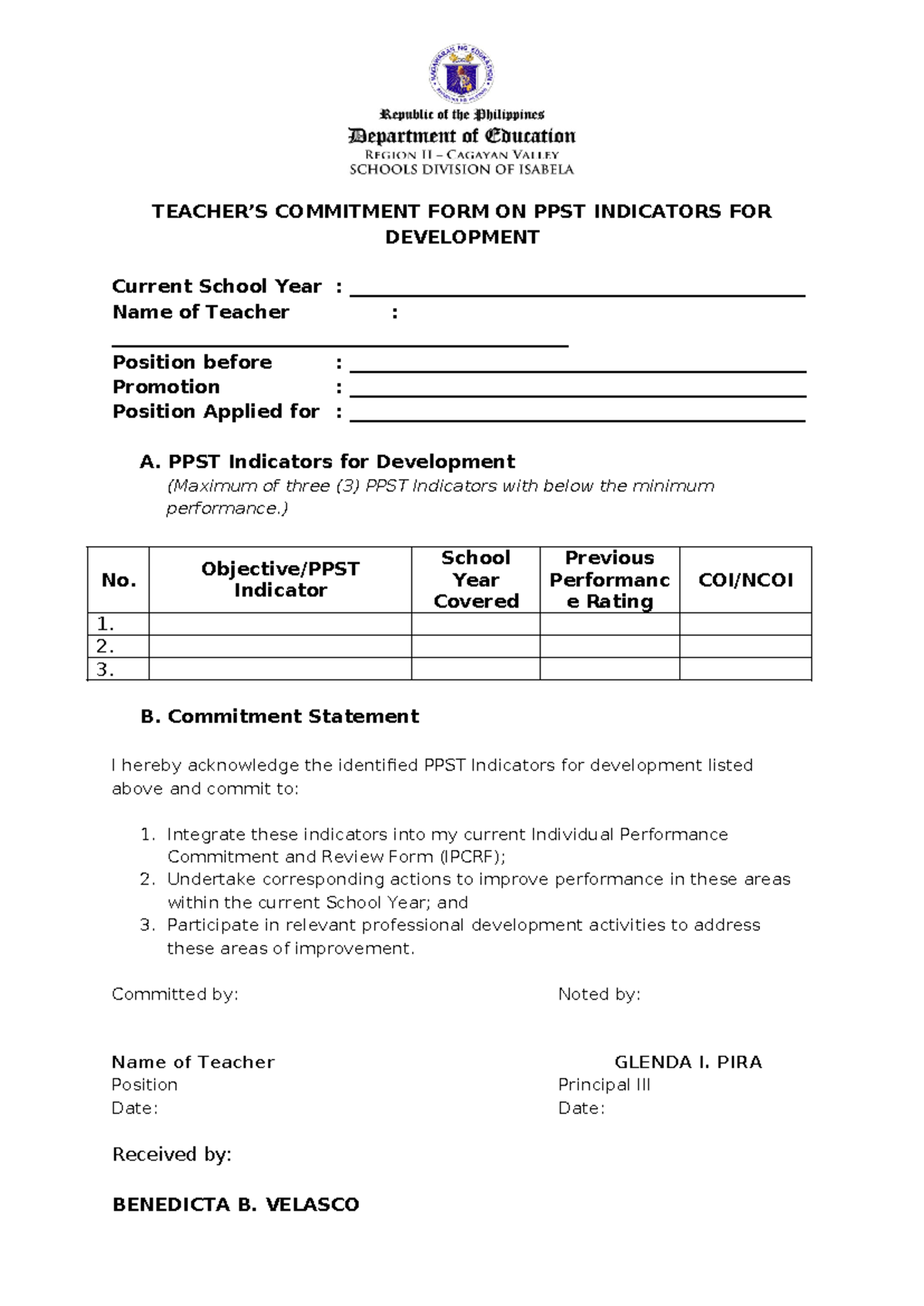 Teachers Commitment Form on PPST Indicators for Development - Studocu