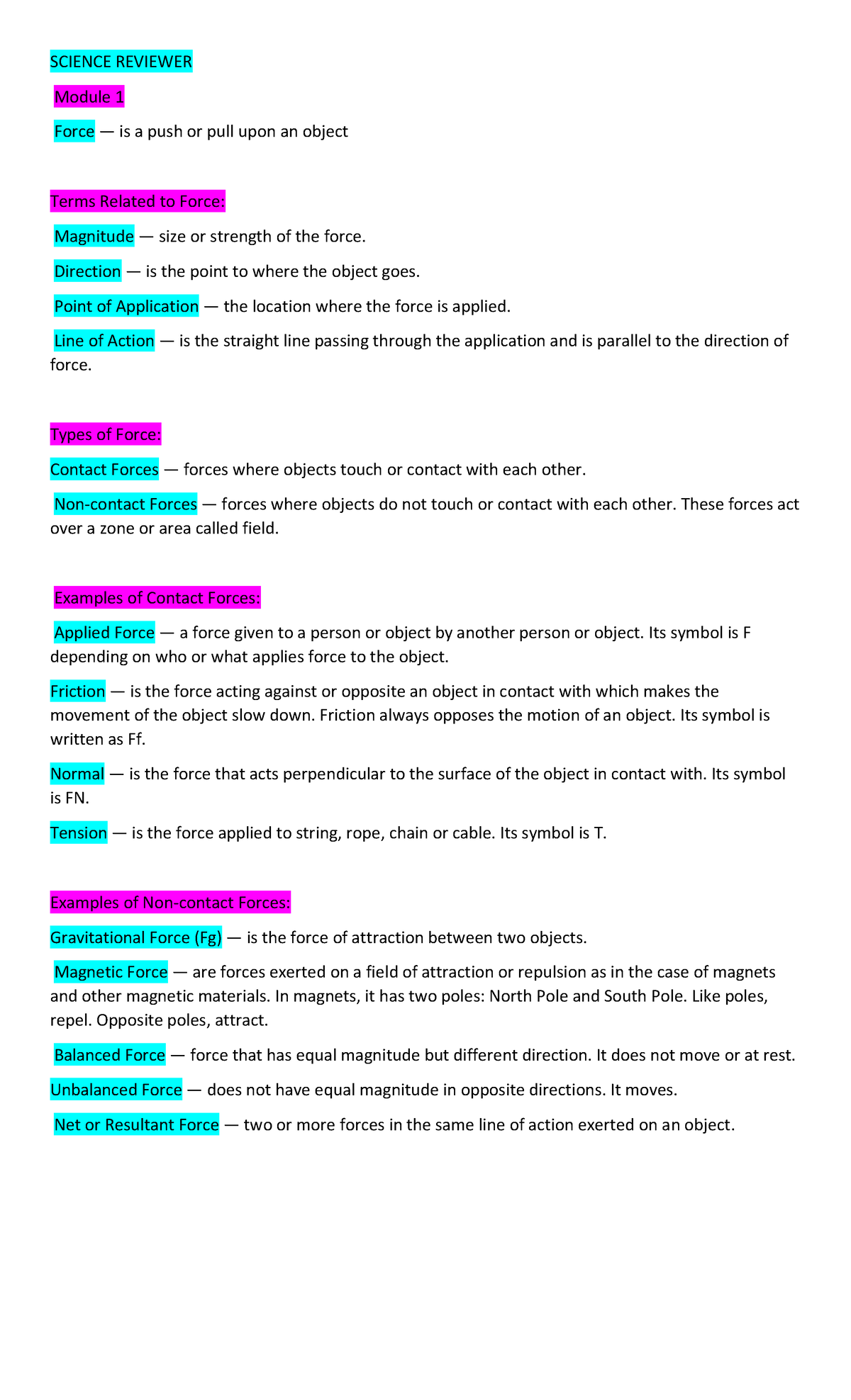 Science Reviewer - SCIENCE REVIEWER Module 1 Force — is a push or pull ...