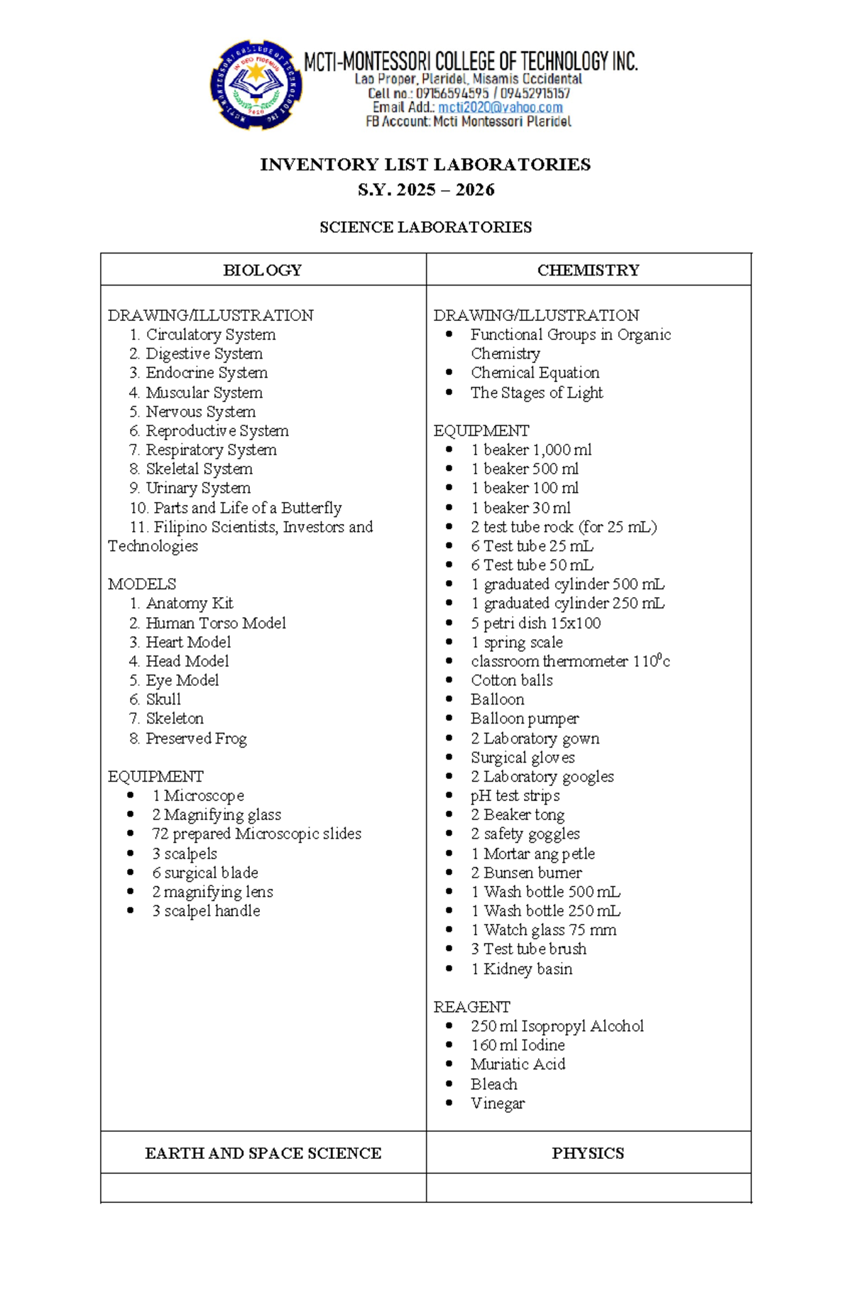 Inventory List for Science Labs & Cookery Tools (SY 2025-2026) - Studocu