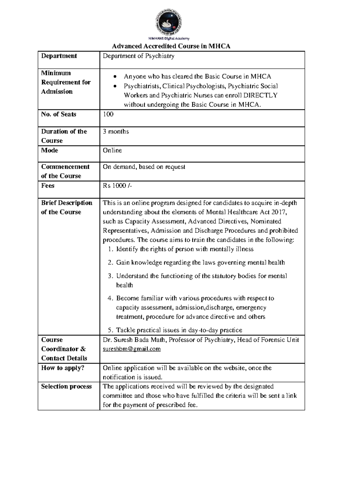 Advanced Course in MHCA - Admission Requirements & Details - Studocu