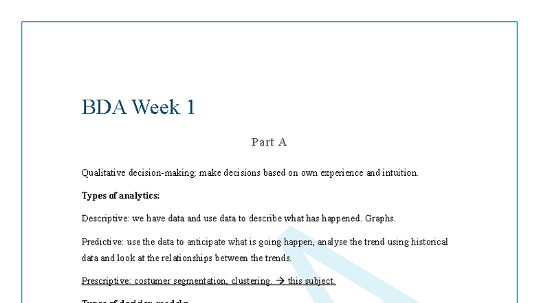 BDA S2 Week 1-4 Notes: Decision Making & Analytics Insights - Studocu