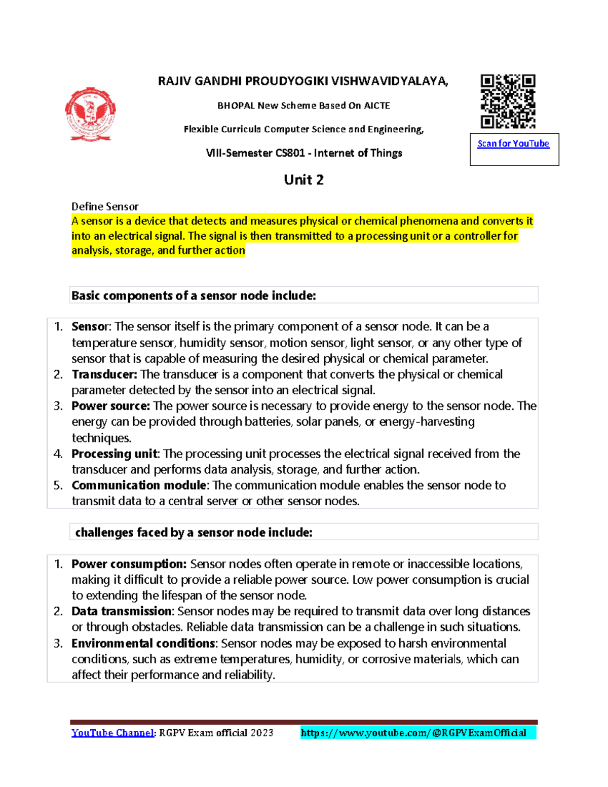 IoT Unit 2: Understanding Sensors for RGPV Exam 2023 - Studocu