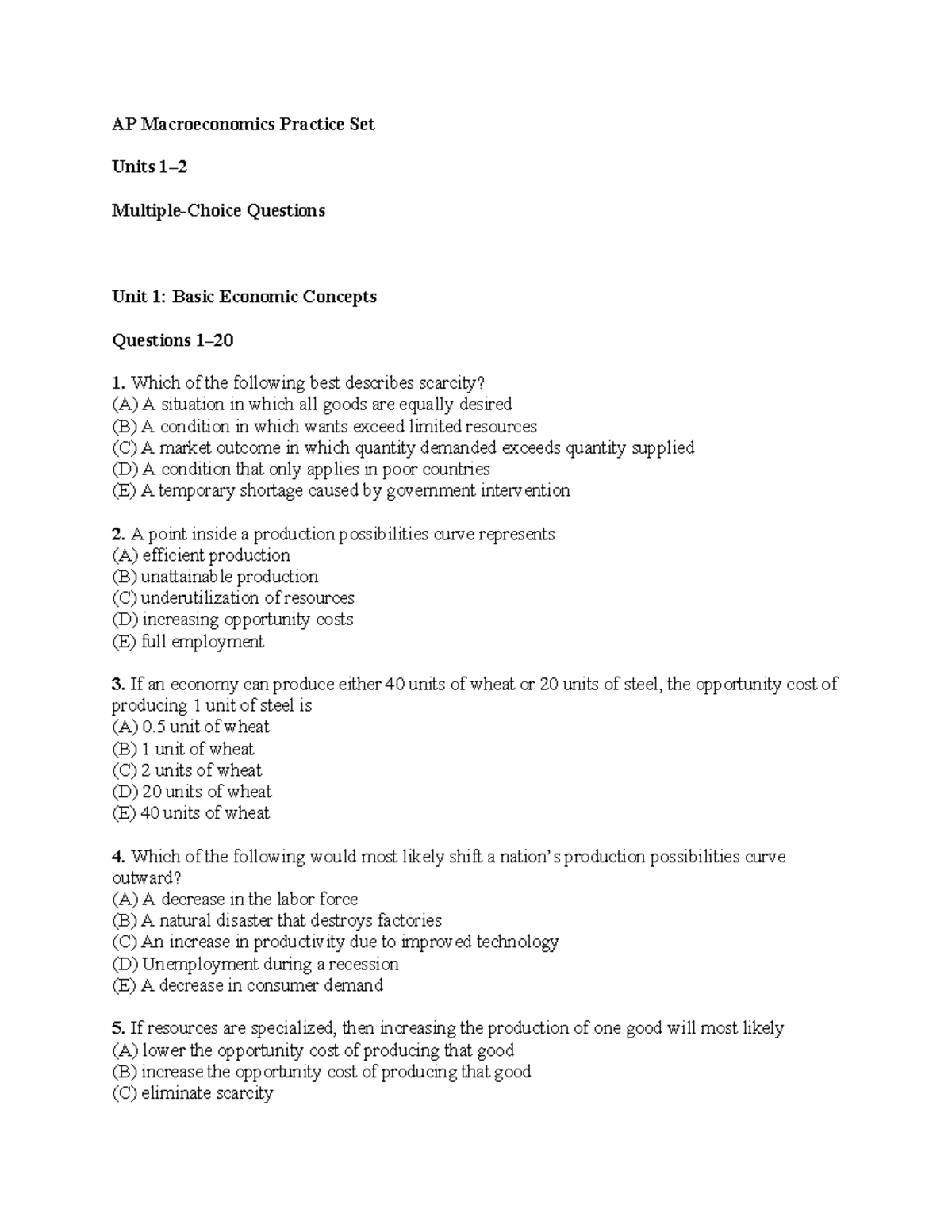 AP Macroeconomics U1 & U2 Practice Questions Set - Studocu