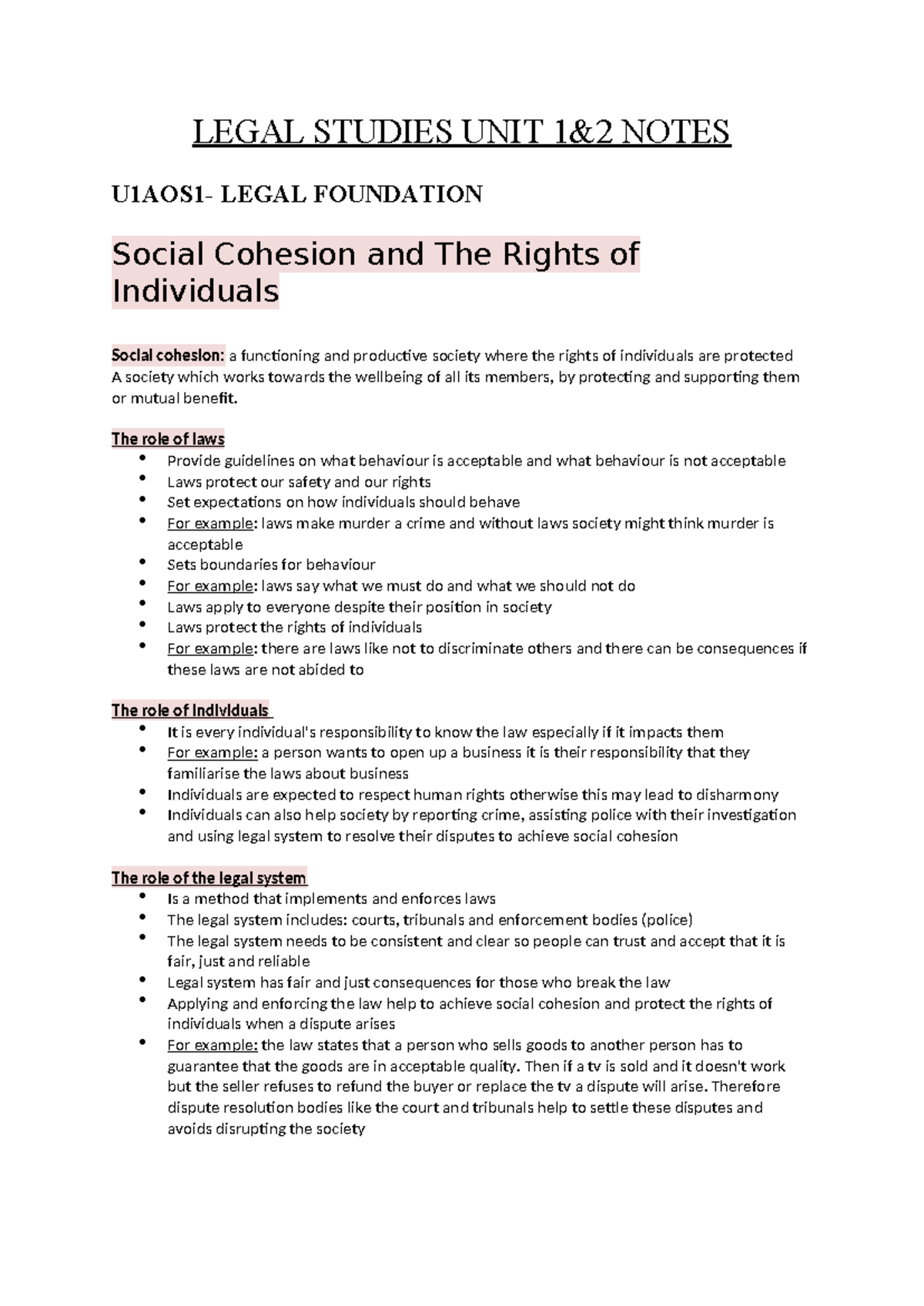 Legal Studies UNIT 1 - LEGAL STUDIES UNIT 1&2 NOTES U1AOS1- LEGAL ...