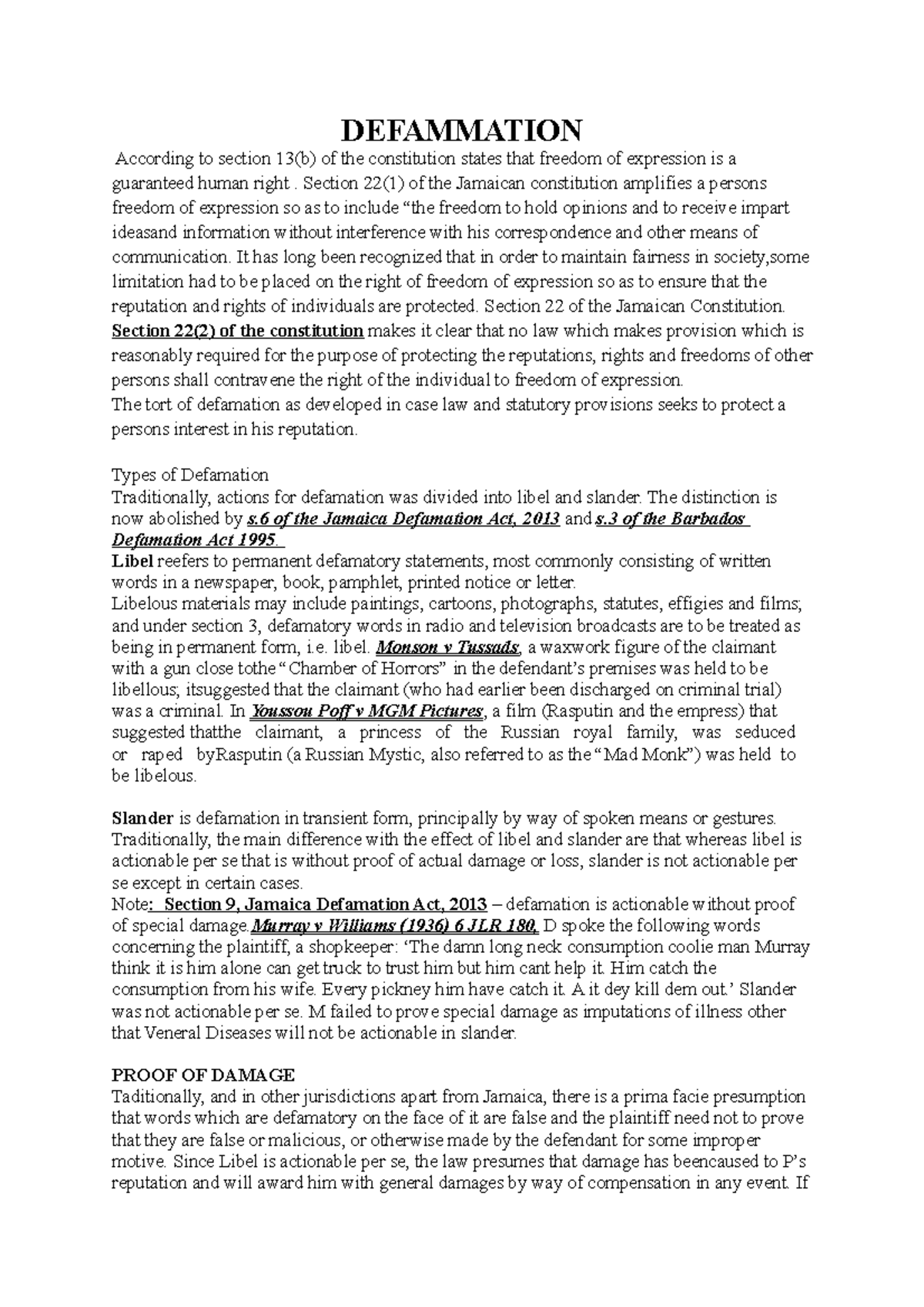 Defamation Overview & Key Legal Principles - LAWS 202 Outline - Studocu