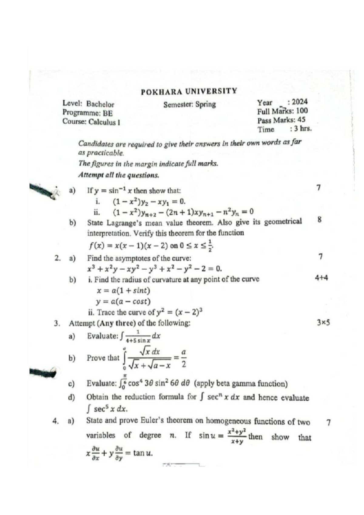 Calculus I - ECE Spring 2024 Exam Questions and Guidelines - Studocu