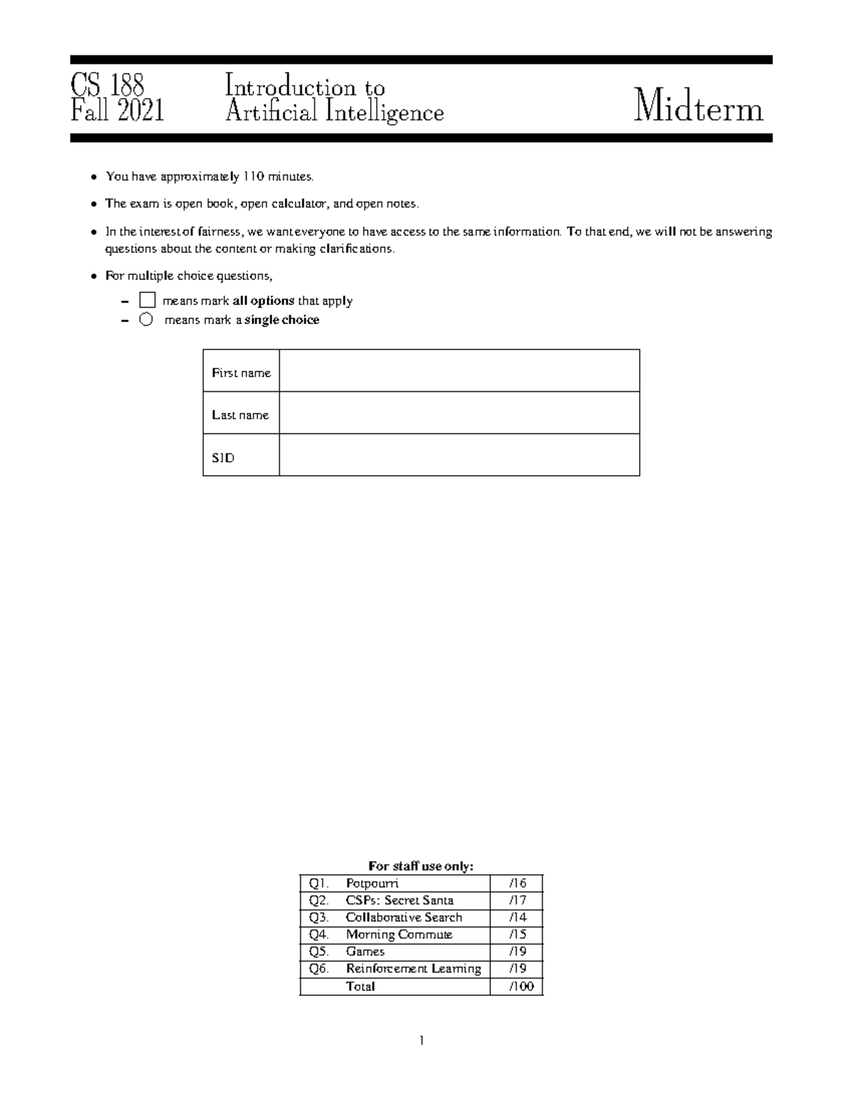CS188 FA21 Midterm Exam Solutions and Key Concepts - Studocu