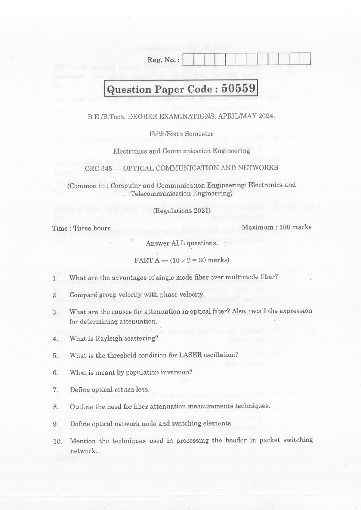 ECE 345 Final Exam: Optical Communication & Networks - 2024 - Studocu