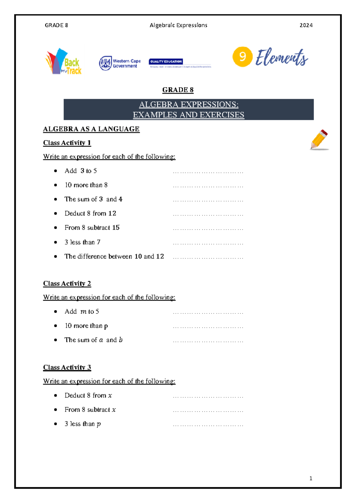 Algebra Expressions G8: Exercises & Examples with Class Activities ...