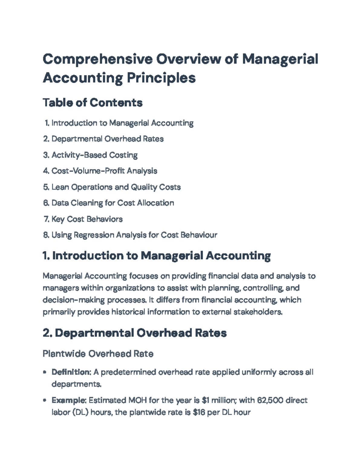 Managerial Accounting Principles Overview and Cost Analysis Techniques ...