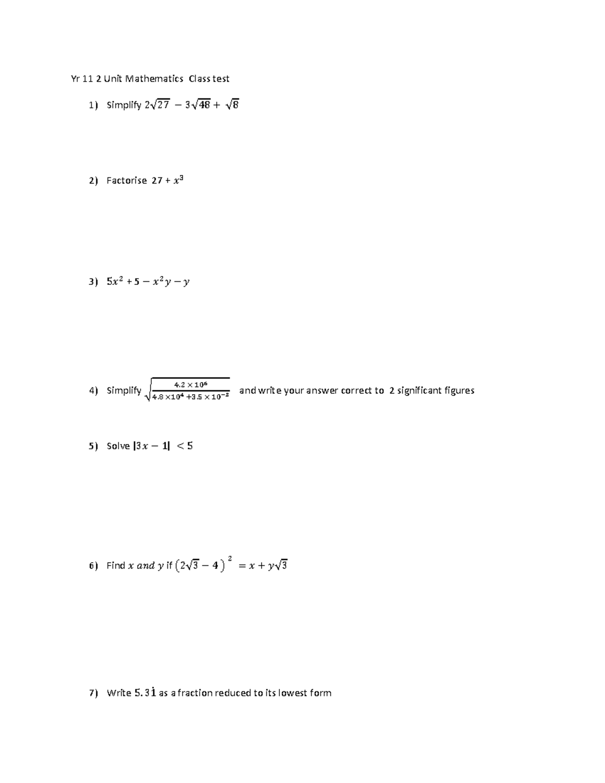 Yr 11 2 Unit Mathematics Practice Test Solutions and Tips - Studocu