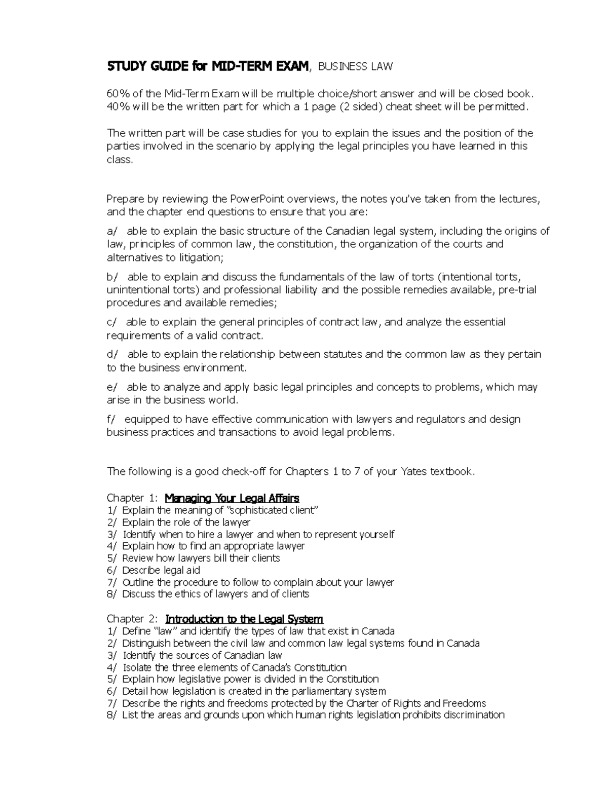 Mid-Term Study Guide for Business Law (Course Code: LAW101) - Studocu