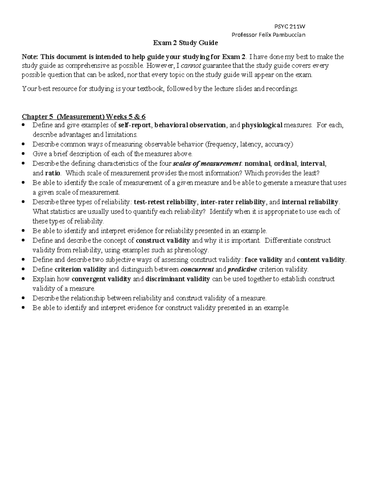 PSYC 211W Exam 2 Study Guide: Measurement & Validity Concepts - Studocu